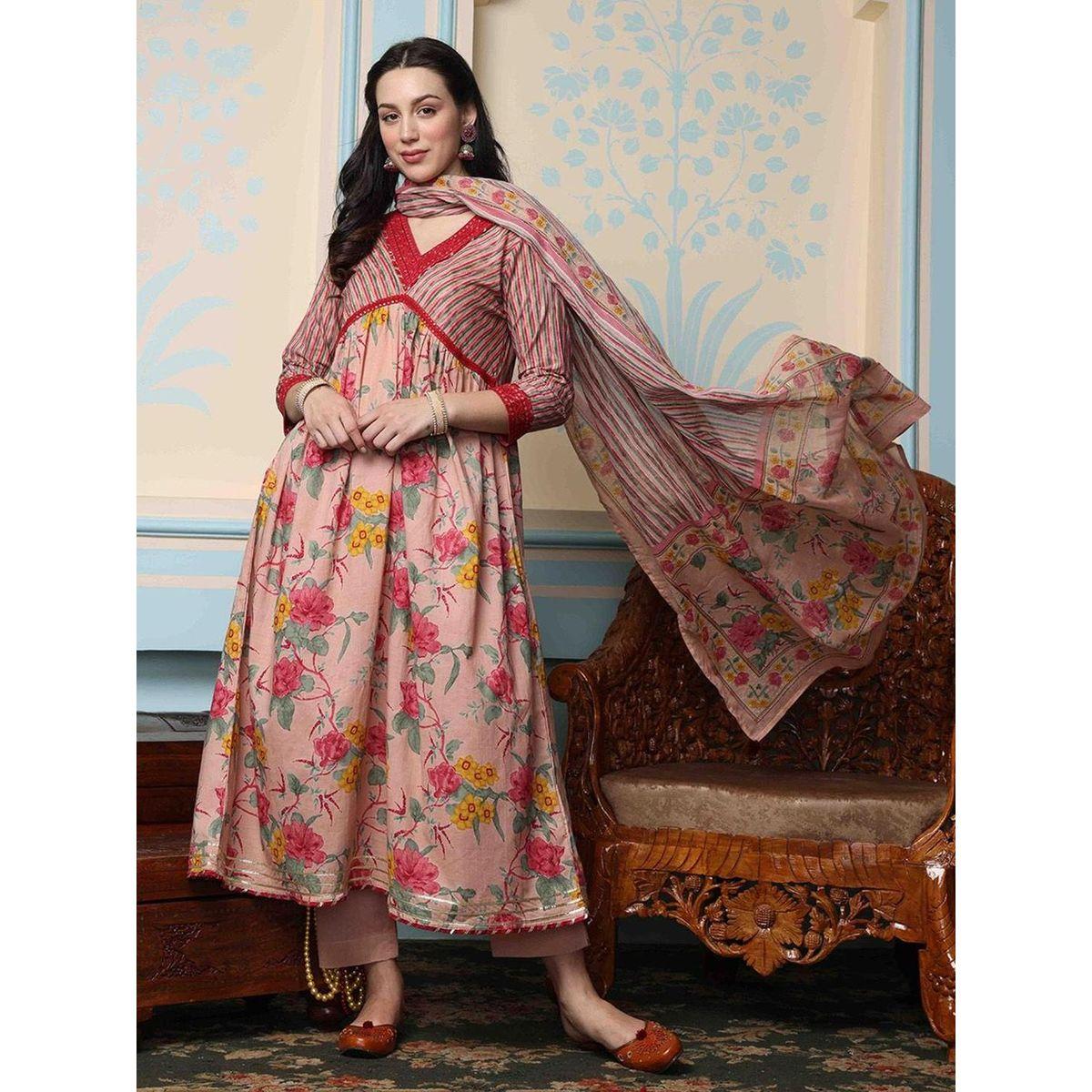 مجموعة من دوباتا وبنطال مع كورتا بطبعة زهور-women-clothing-ethnicwear-kurtasets-image-1