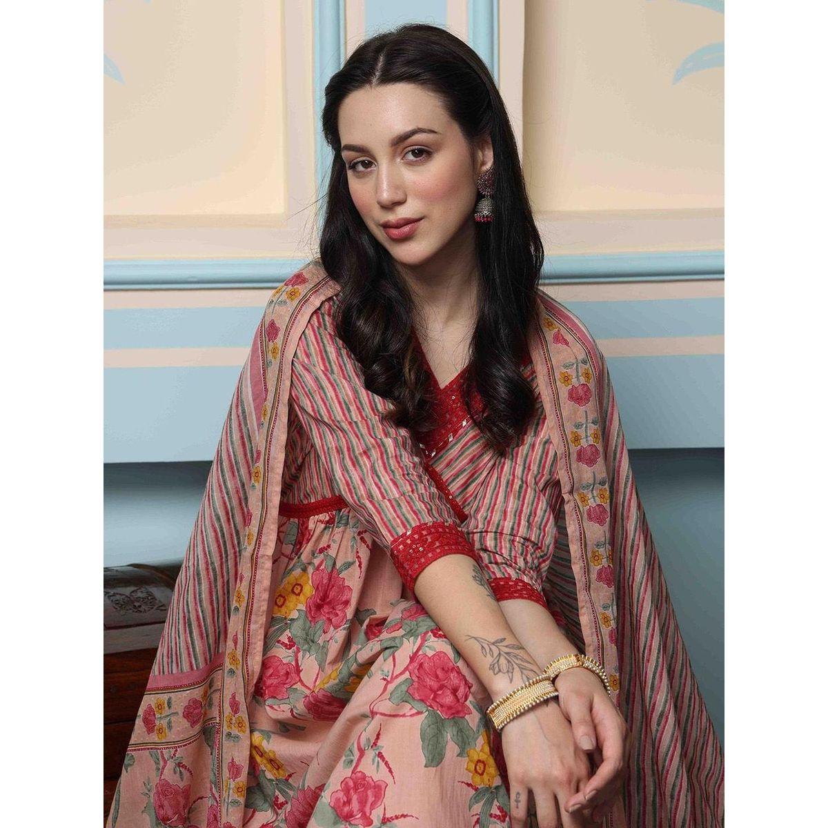 مجموعة من دوباتا وبنطال مع كورتا بطبعة زهور-women-clothing-ethnicwear-kurtasets-image-2