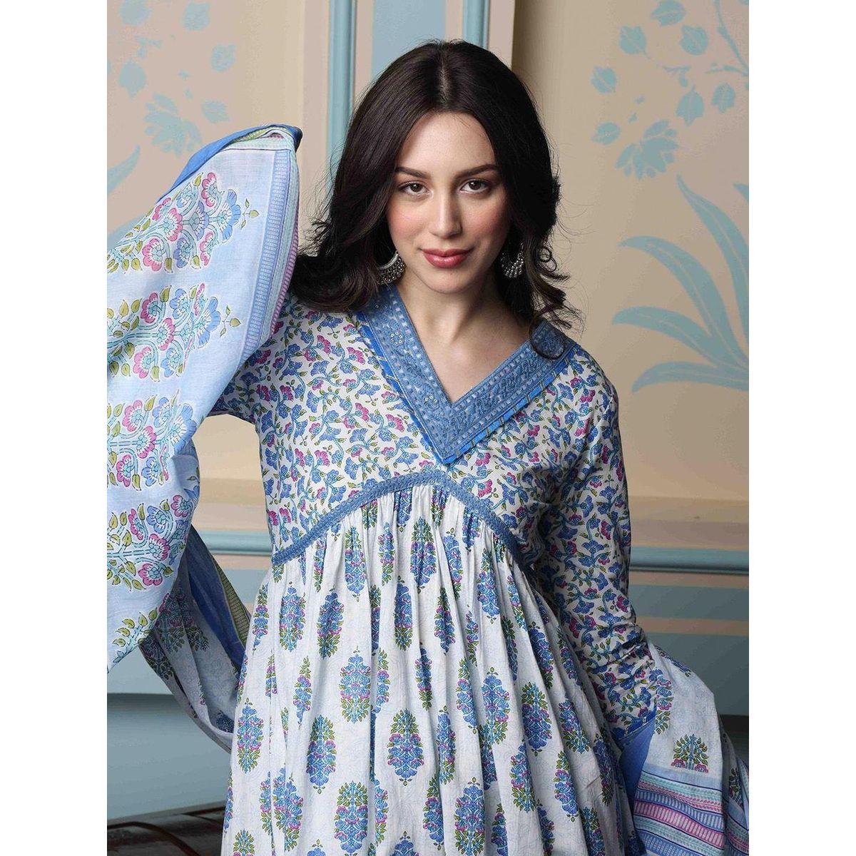 مجموعة من دوباتا وبنطال مع كورتا بطبعة زهور-women-clothing-ethnicwear-kurtasets-image-2