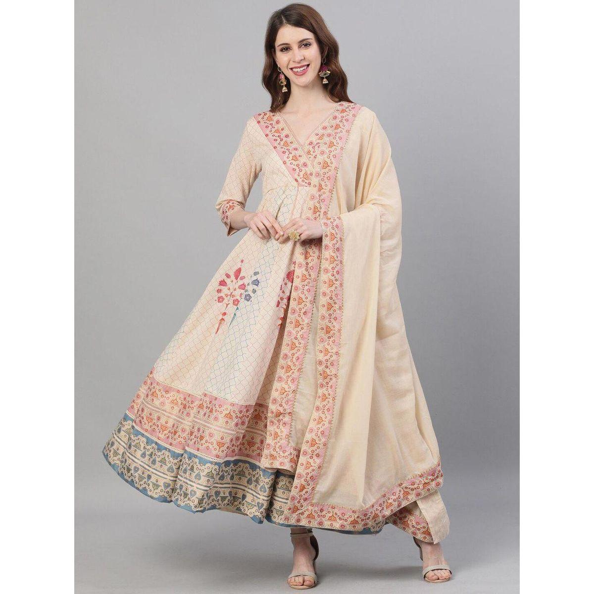 Ishin Printed V-Neck Kurta with Anarkali Dupatta Set-women-clothing-ethnicwear-sareesets-image-1