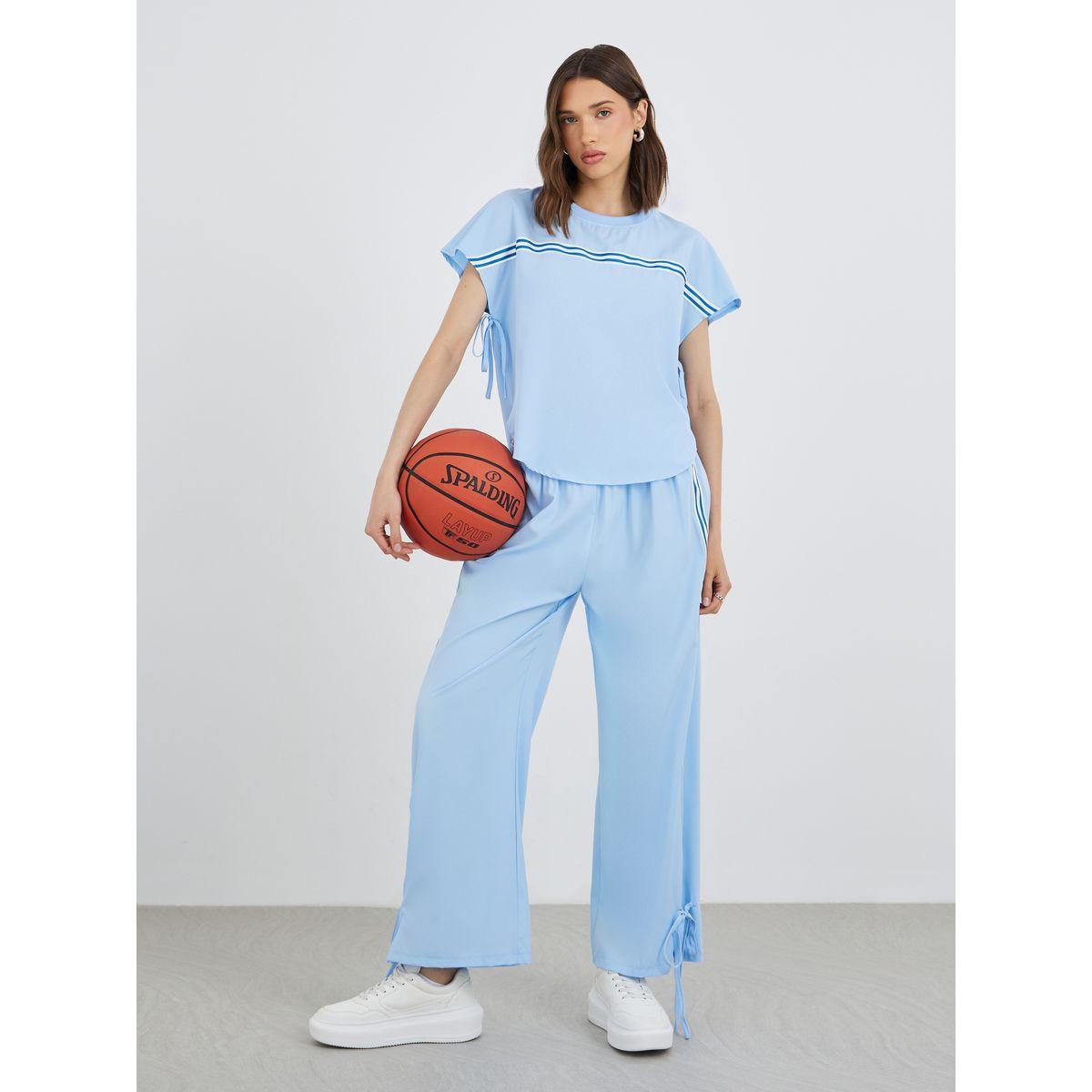 طقم منسق من بنطال وبلوزة بياقة دائرية وشريط-women-clothing-coordsets-image-1
