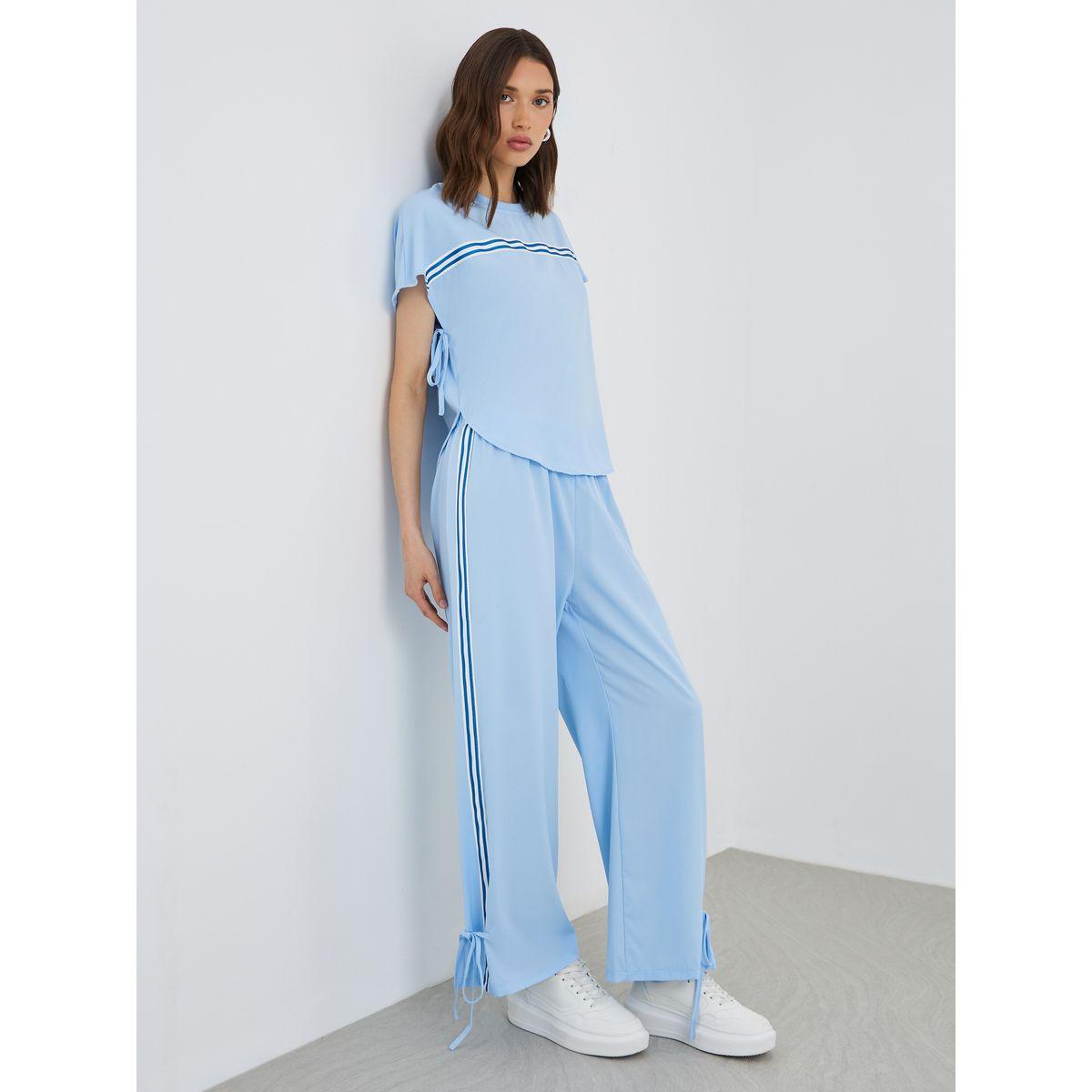 طقم منسق من بنطال وبلوزة بياقة دائرية وشريط-women-clothing-coordsets-image-2