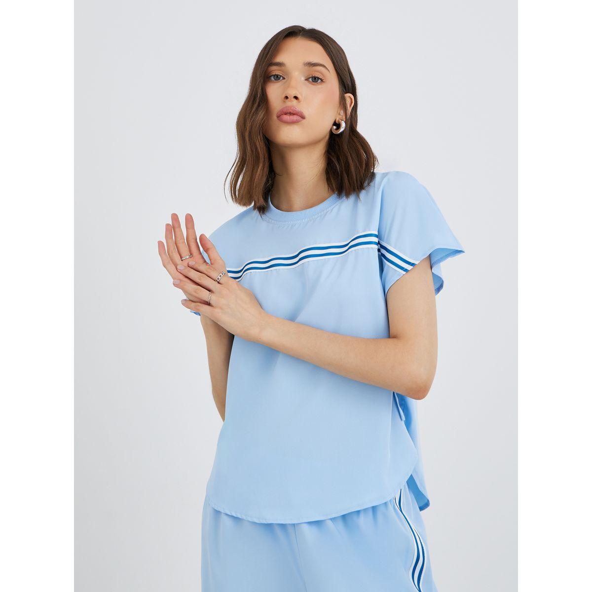 طقم منسق من بنطال وبلوزة بياقة دائرية وشريط-women-clothing-coordsets-image-3