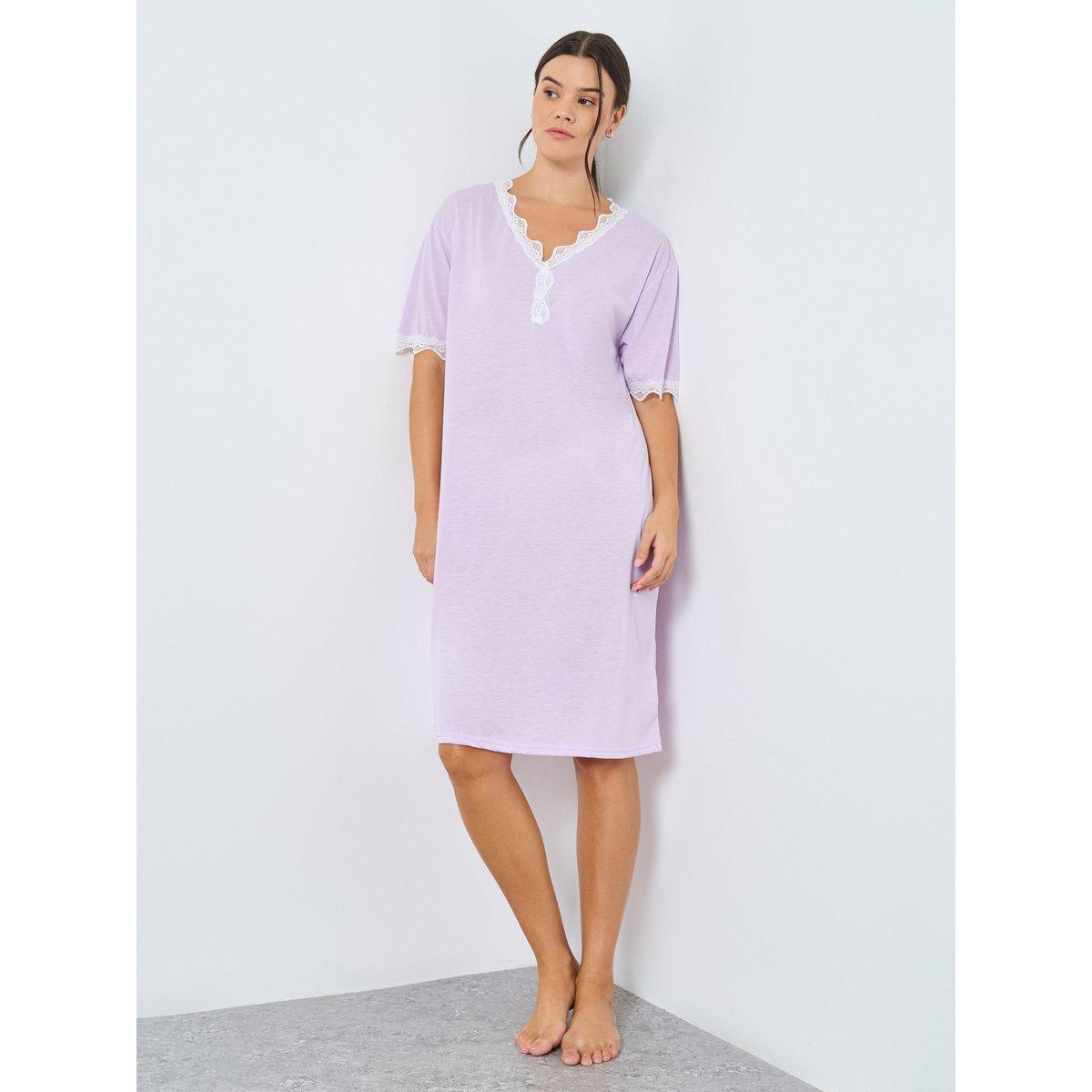 Styli V Neck Placket Lace Trim Sleep T-Shirt Dress-women-clothing-nightwear-nighties-image-1