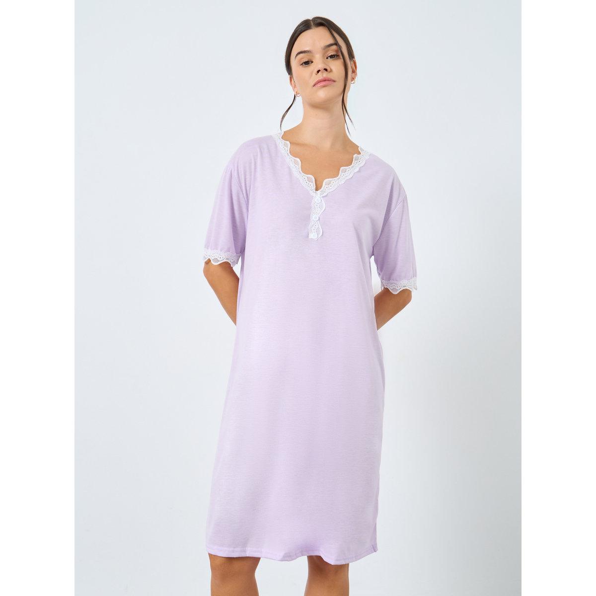 Styli V Neck Placket Lace Trim Sleep T-Shirt Dress-women-clothing-nightwear-nighties-image-2