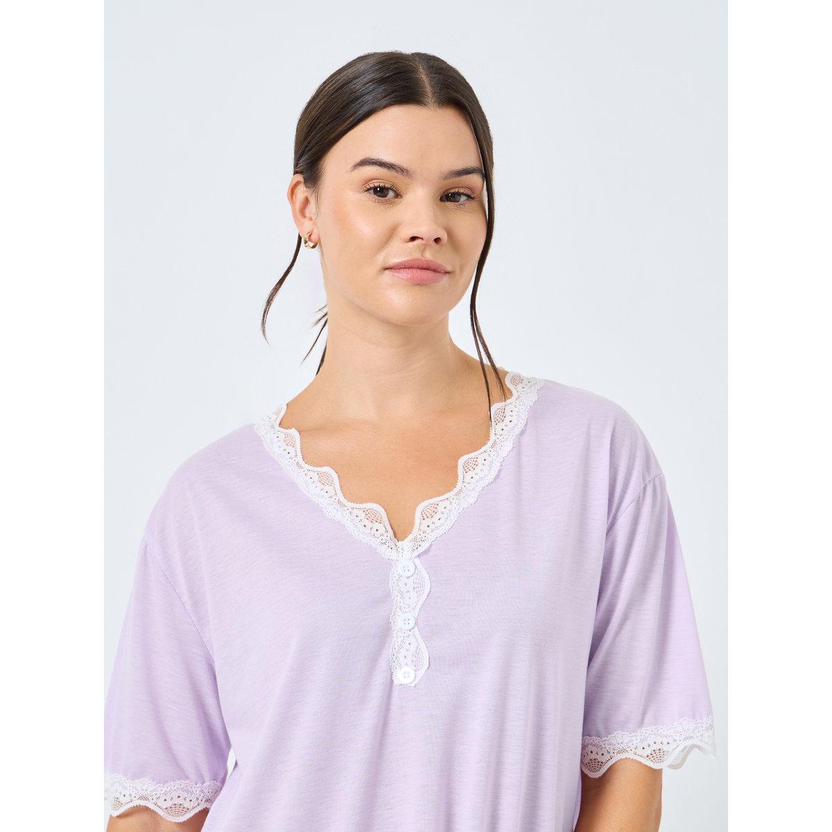 Styli V Neck Placket Lace Trim Sleep T-Shirt Dress-women-clothing-nightwear-nighties-image-3