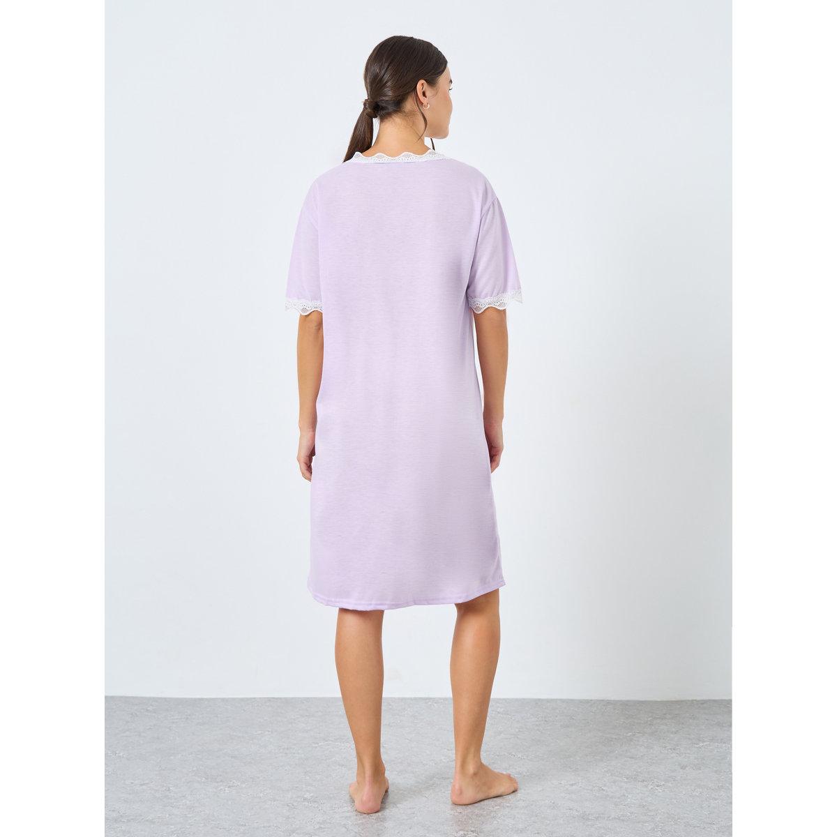 Styli V Neck Placket Lace Trim Sleep T-Shirt Dress-women-clothing-nightwear-nighties-image-4