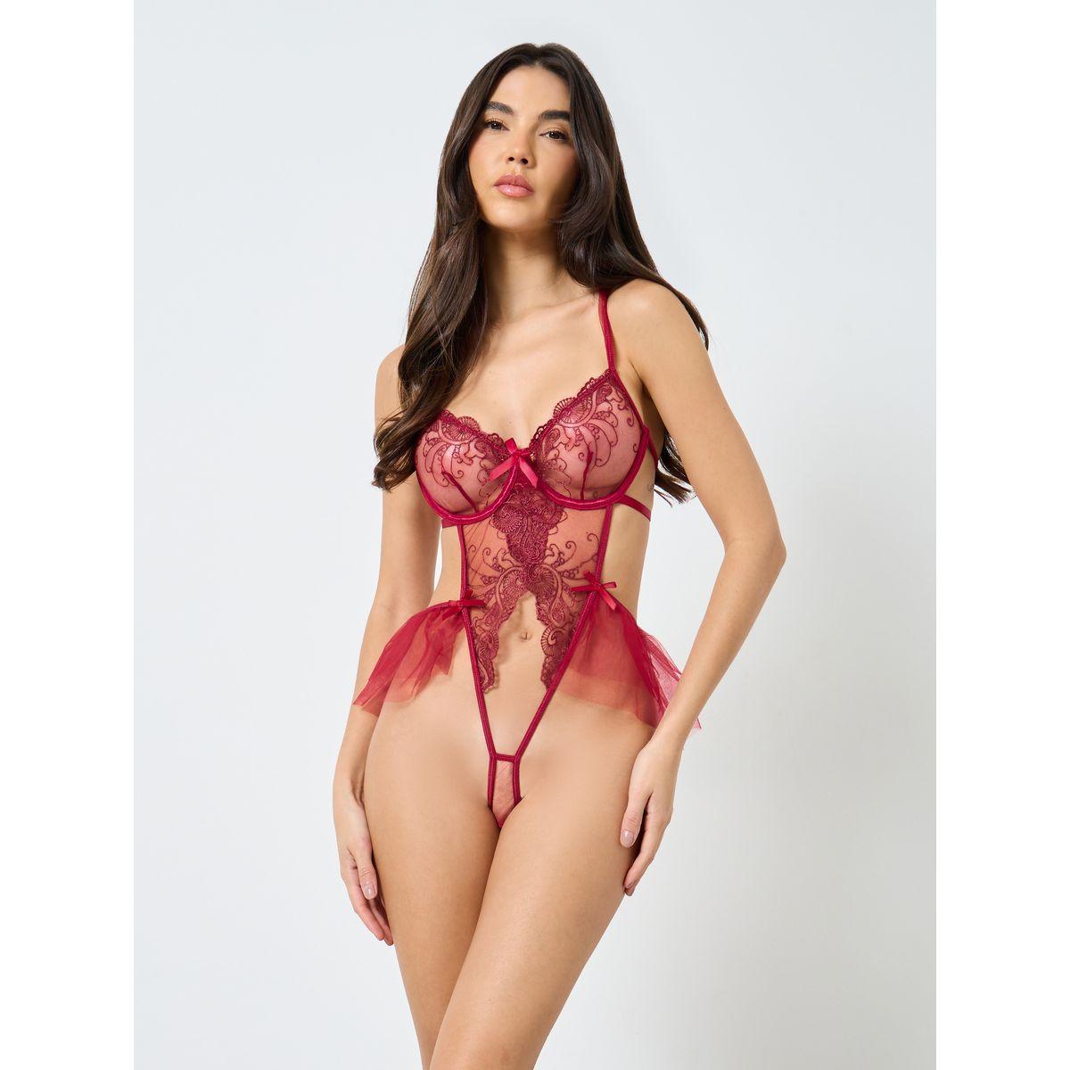 Styli Solid Lace Patchwork Ruffle Hem Wired Bodysuit with Bow Detail-women-clothing-lingerie-corsets-image-1
