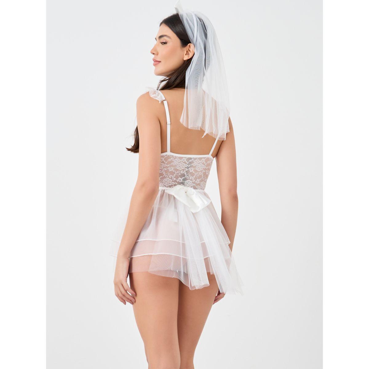 Styli Women Solid Ruffle Hem Tie Front Mesh Babydoll with Veil-women-clothing-lingerie-babydollsandbodysuits-image-4