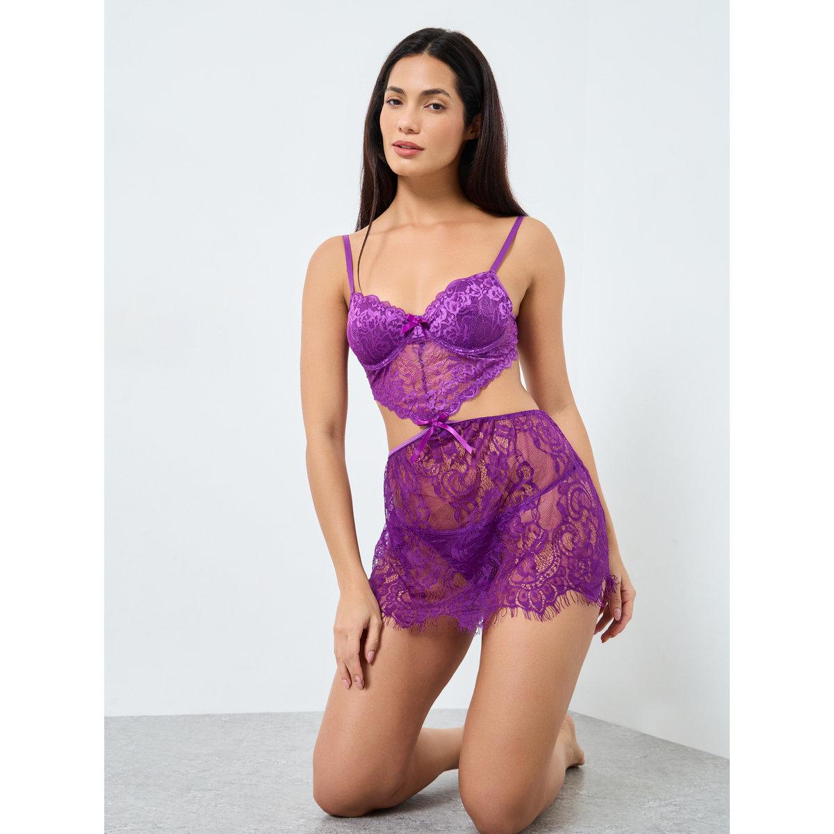 قميص نوم سادة بحمالات مع سروال داخلي-women-clothing-lingerie-babydollsandbodysuits-image-1
