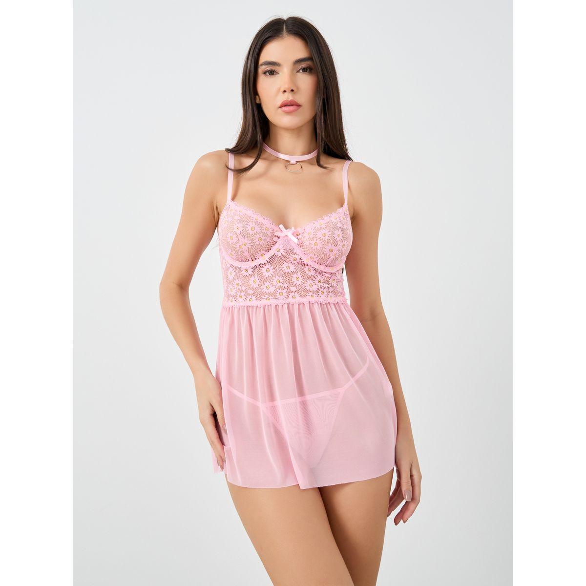 Styli Women Solid Lace Wired Mesh Cami Dress with Thong and Necklace-women-clothing-lingerie-babydollsandbodysuits-image-2