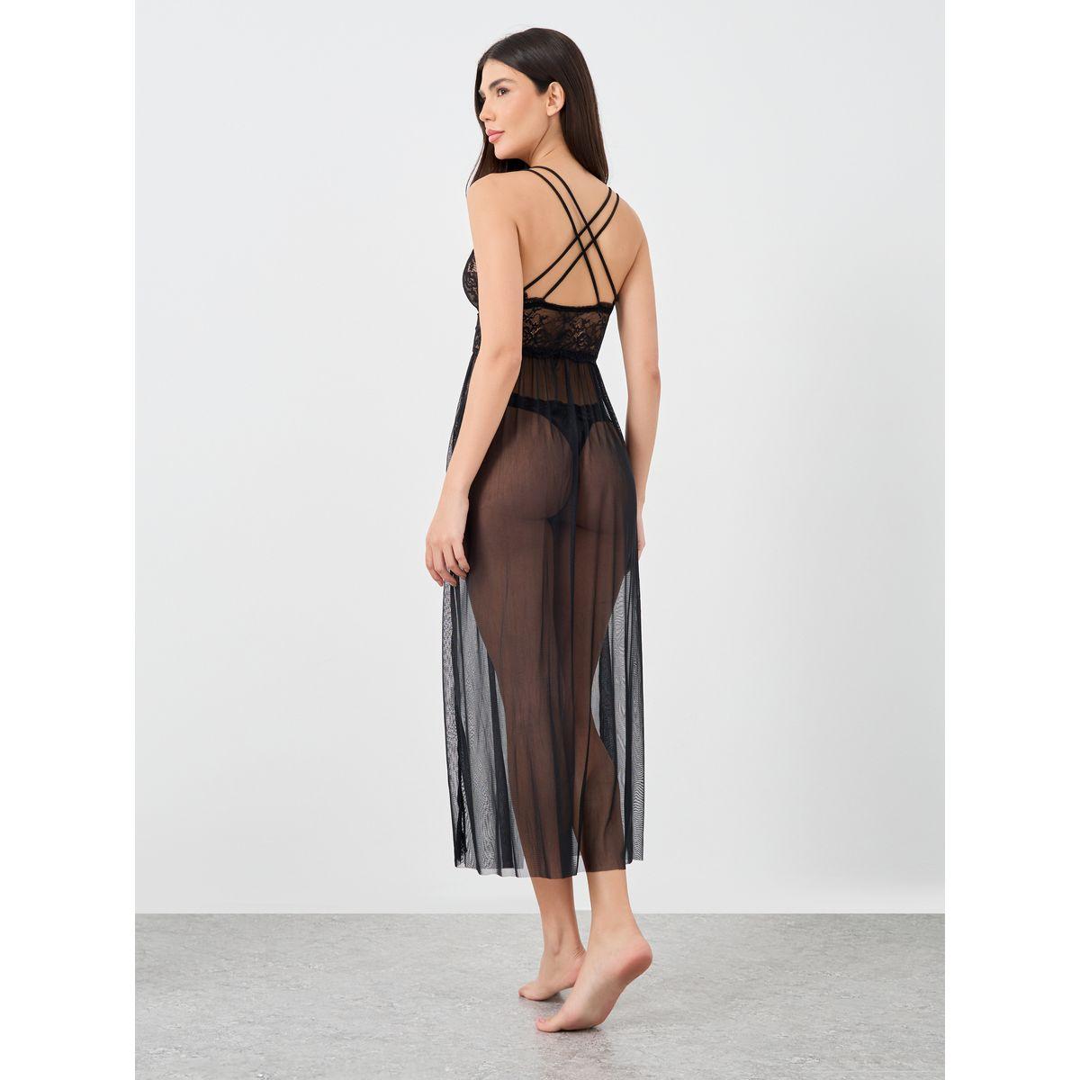 Styli Women Black Solid Lace Wireless Mesh Split Cami Dress with Briefs-women-clothing-lingerie-babydollsandbodysuits-image-5