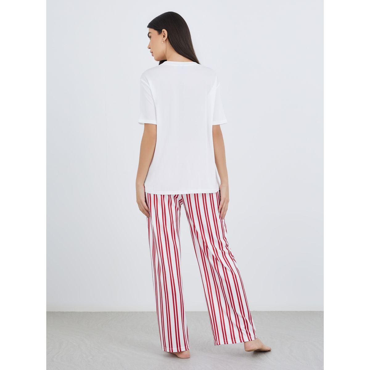 Styli Graphic Print T-Shirt and Striped Pyjama Set-women-clothing-nightwear-pyjamas-longsets-image-5