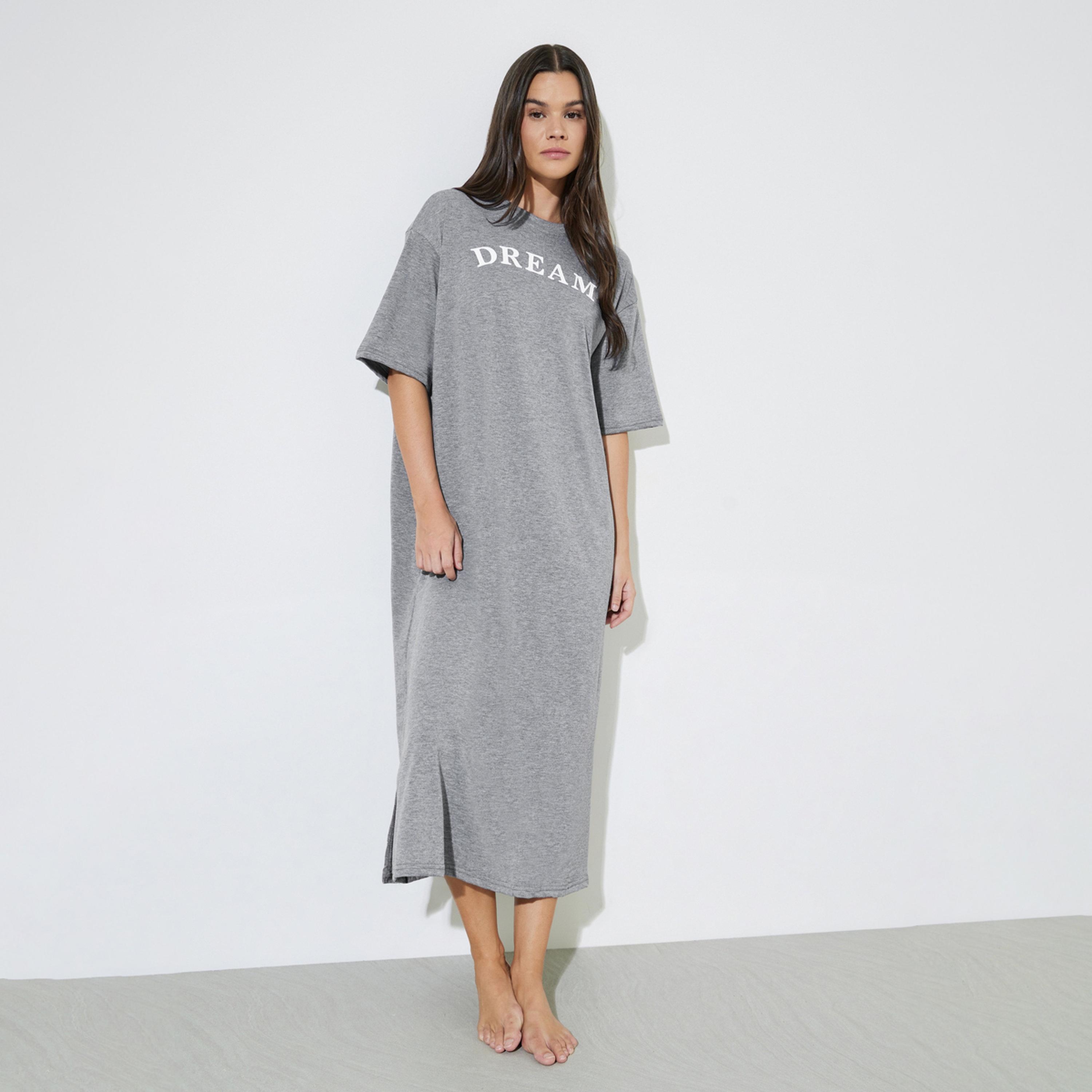 Styli Grey Slogan Print Short Sleeve Sleep T-Shirt-women-clothing-nightwear-nighties-image-1