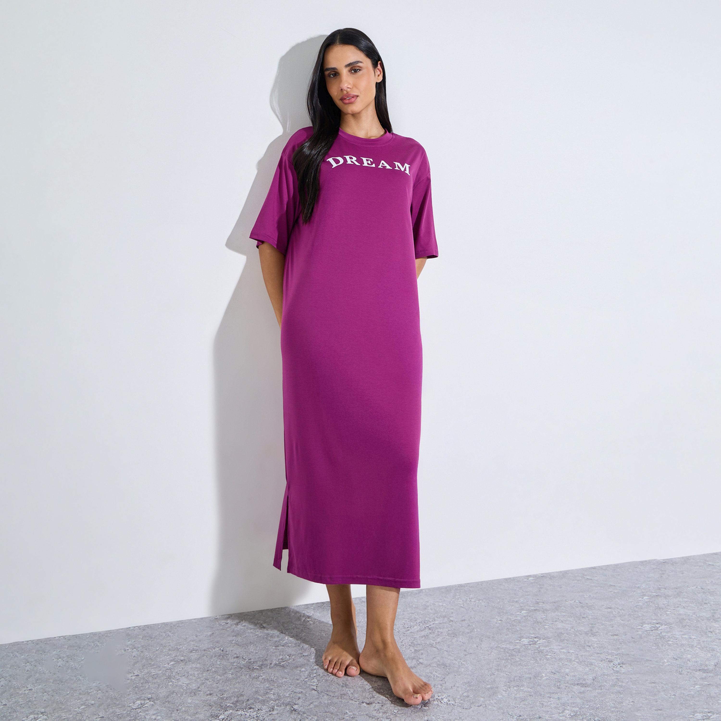 Styli Magenta Slogan Print Short Sleeve Sleep T-Shirt Dress-women-clothing-nightwear-nighties-image-1