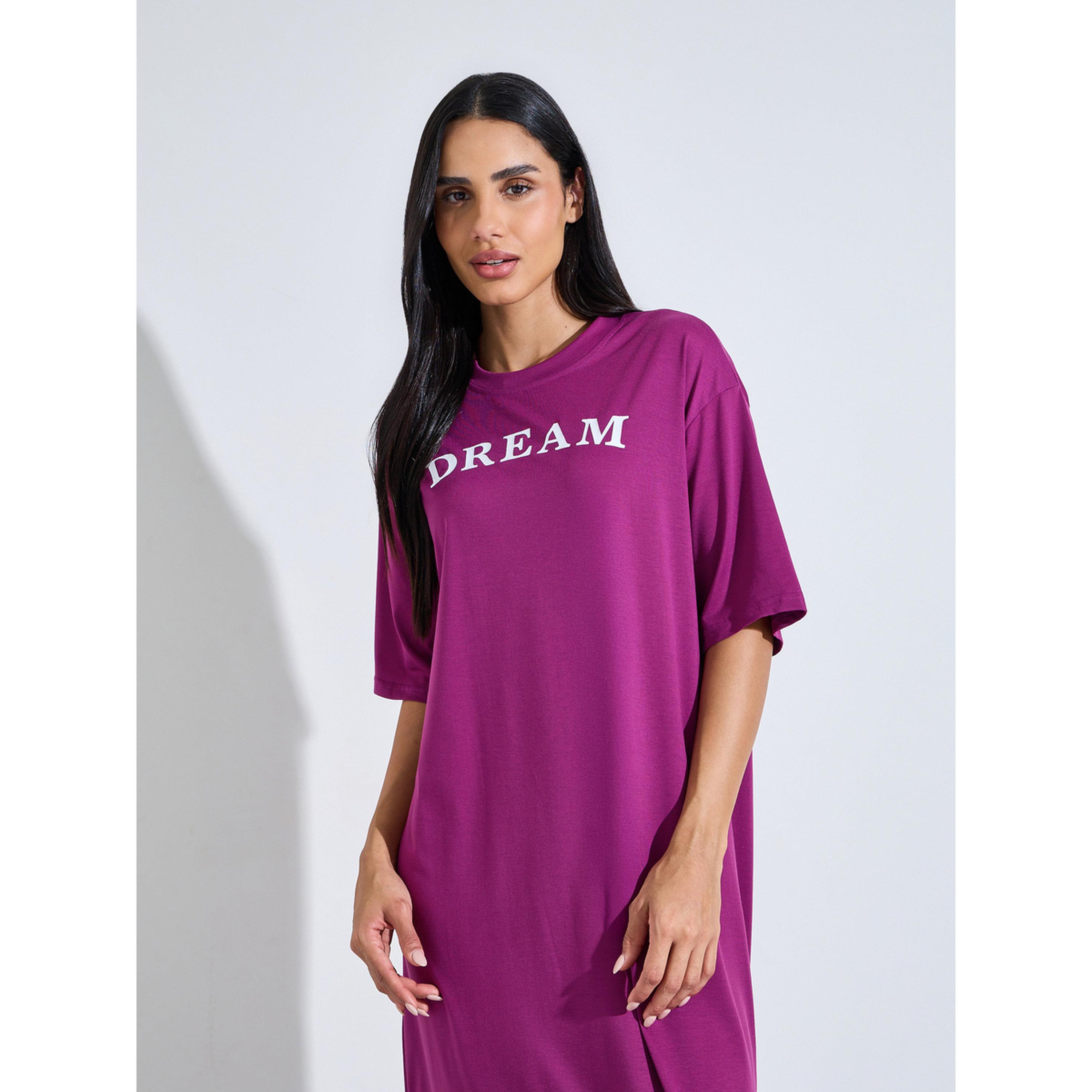 Styli Magenta Slogan Print Short Sleeve Sleep T-Shirt Dress-women-clothing-nightwear-nighties-image-2
