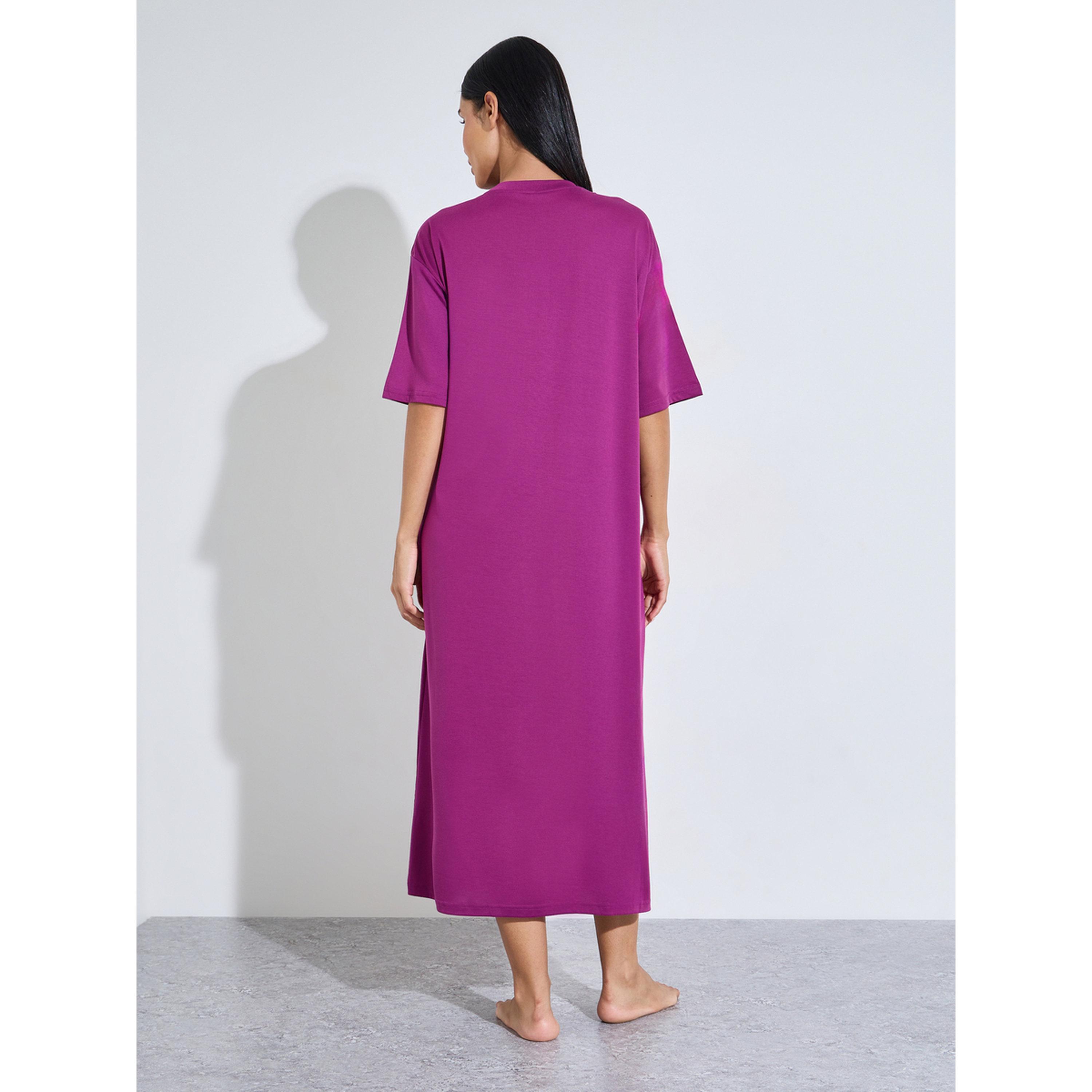 Styli Magenta Slogan Print Short Sleeve Sleep T-Shirt Dress-women-clothing-nightwear-nighties-image-3