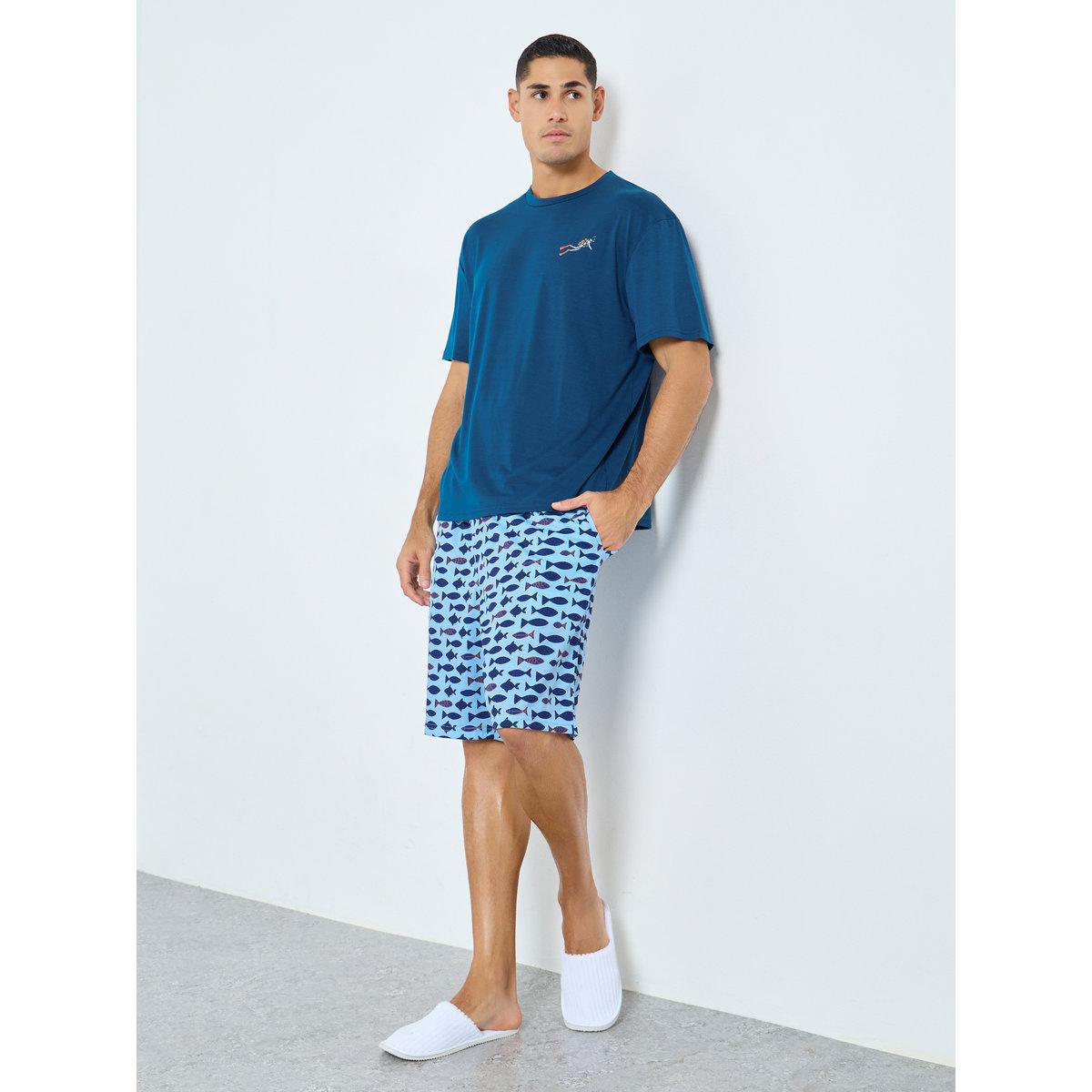 طقم تيشيرت أزرق وبجامة شورت مطبوع بالأسماك-men-clothing-nightwear-sets-image-1