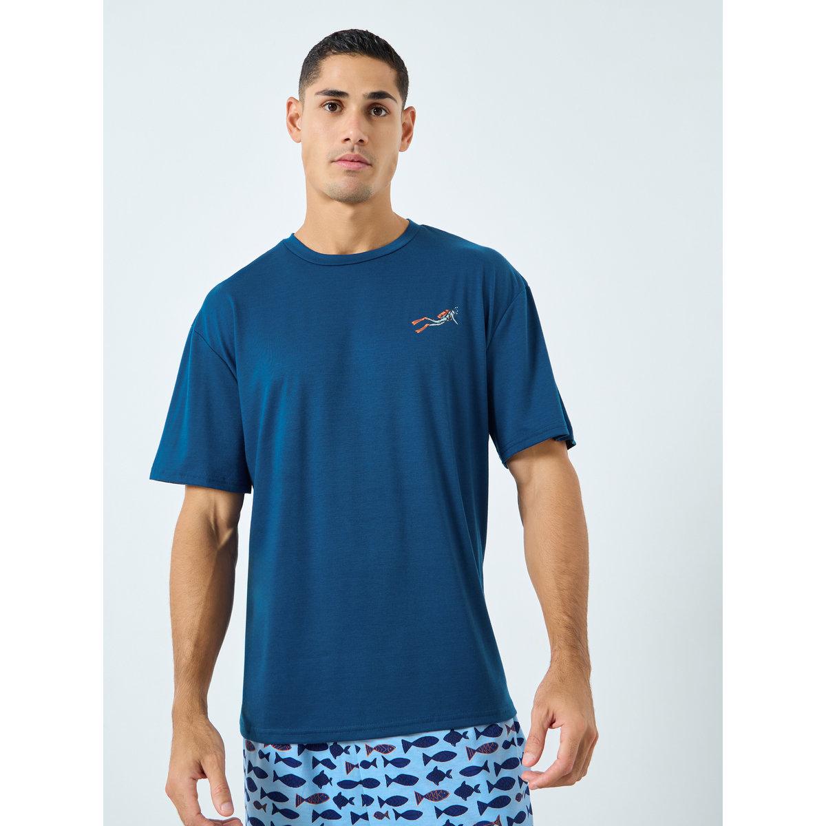 طقم تيشيرت أزرق وبجامة شورت مطبوع بالأسماك-men-clothing-nightwear-sets-image-2