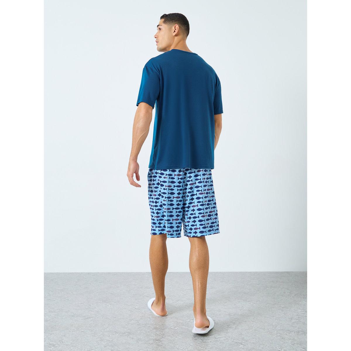طقم تيشيرت أزرق وبجامة شورت مطبوع بالأسماك-men-clothing-nightwear-sets-image-4