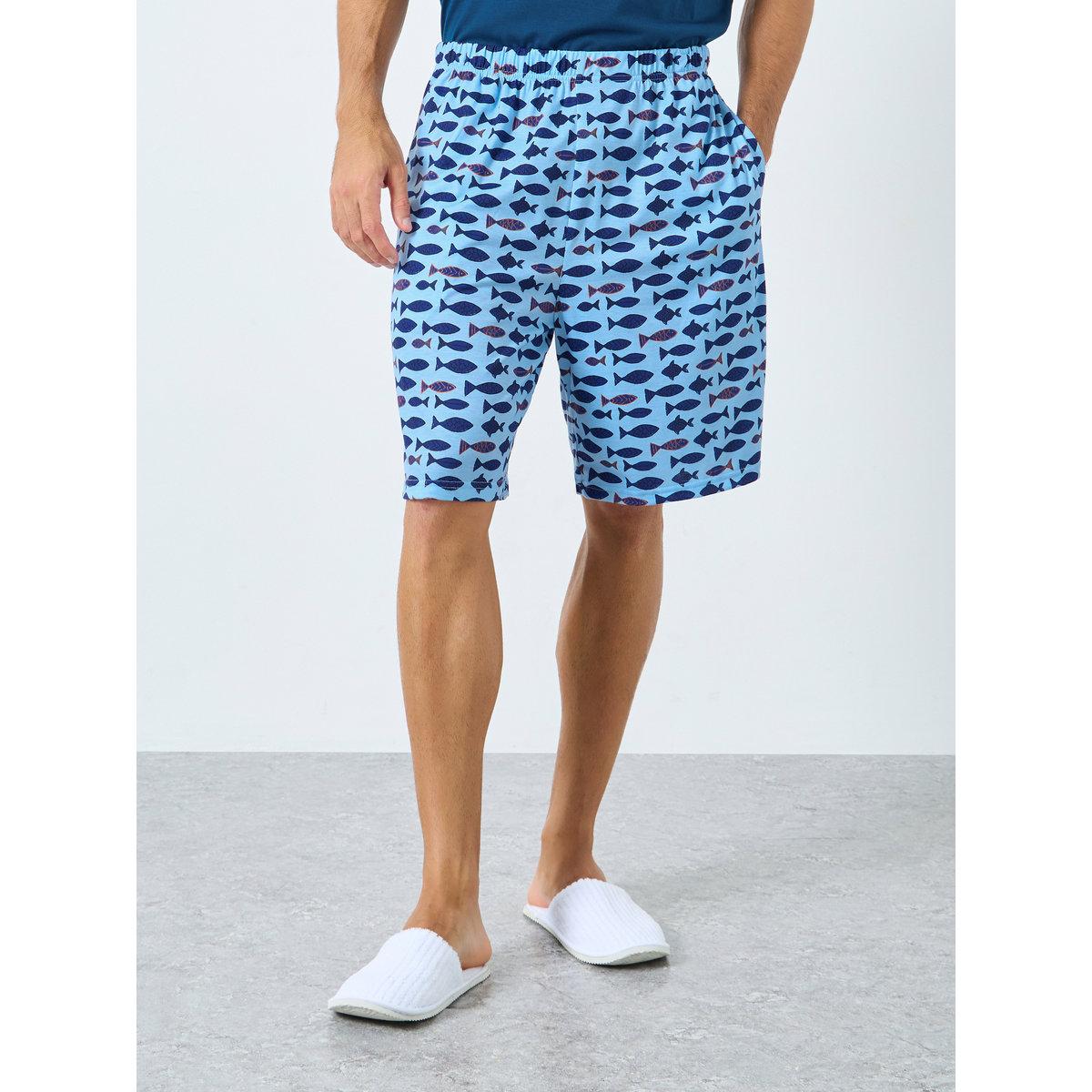 Styli Men Blue Solid T-Shirt and Fish Print Shorts Pyjama Set-men-clothing-nightwear-sets-image-5