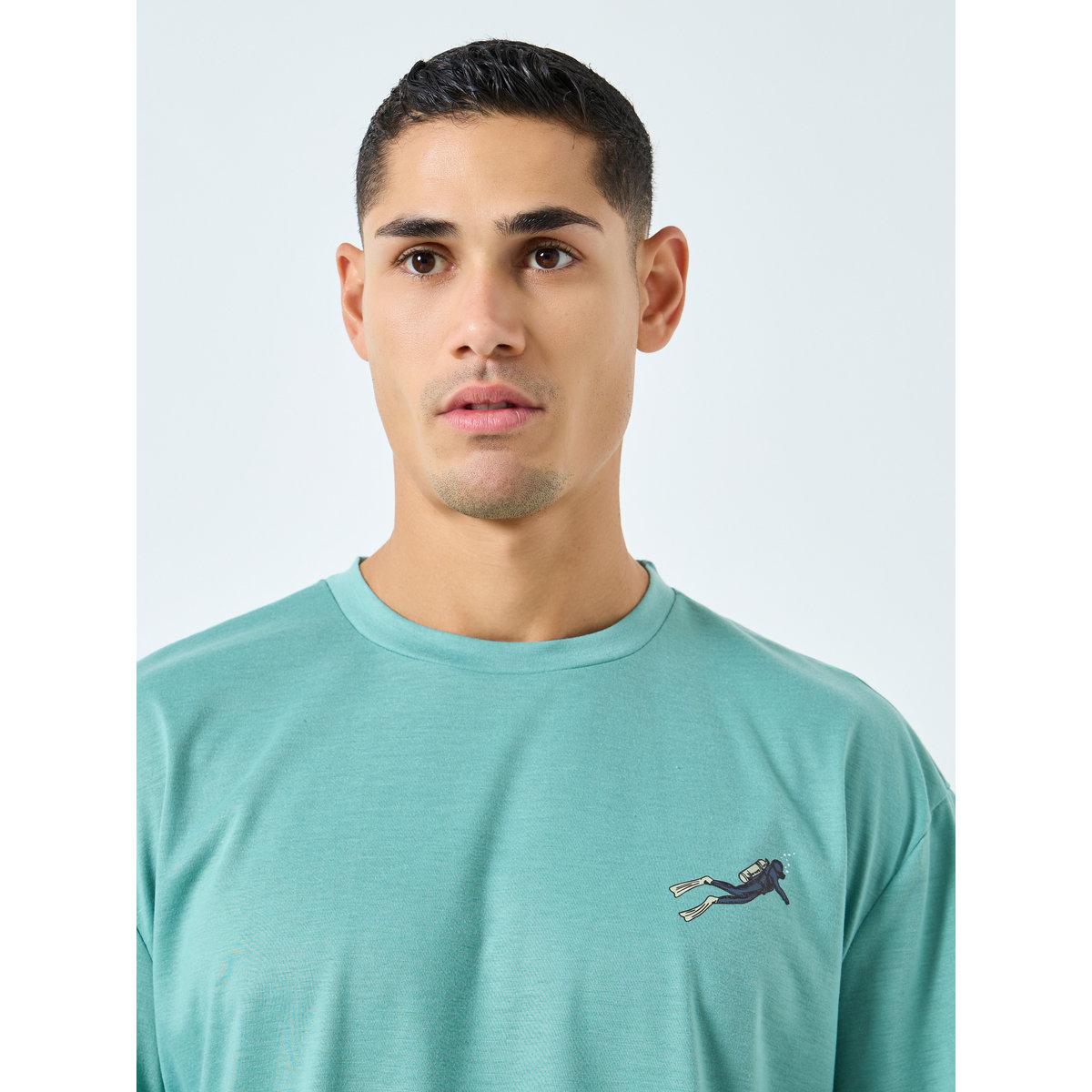 Styli Men Teal Solid T-Shirt and Fish Print Shorts Pyjama Set-men-clothing-nightwear-sets-image-3