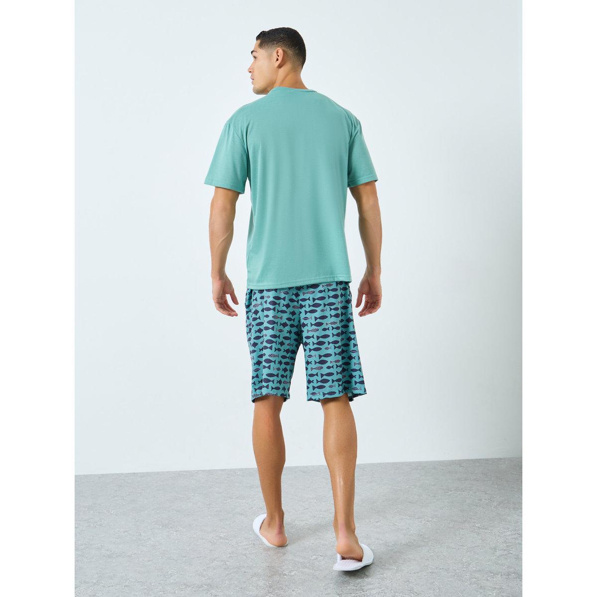 Styli Men Teal Solid T-Shirt and Fish Print Shorts Pyjama Set-men-clothing-nightwear-sets-image-4