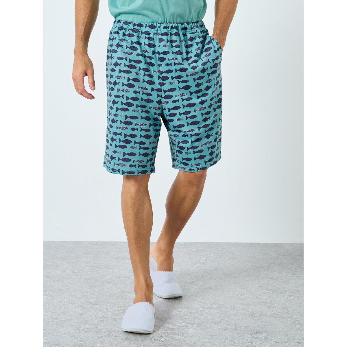 Styli Men Teal Solid T-Shirt and Fish Print Shorts Pyjama Set-men-clothing-nightwear-sets-image-5