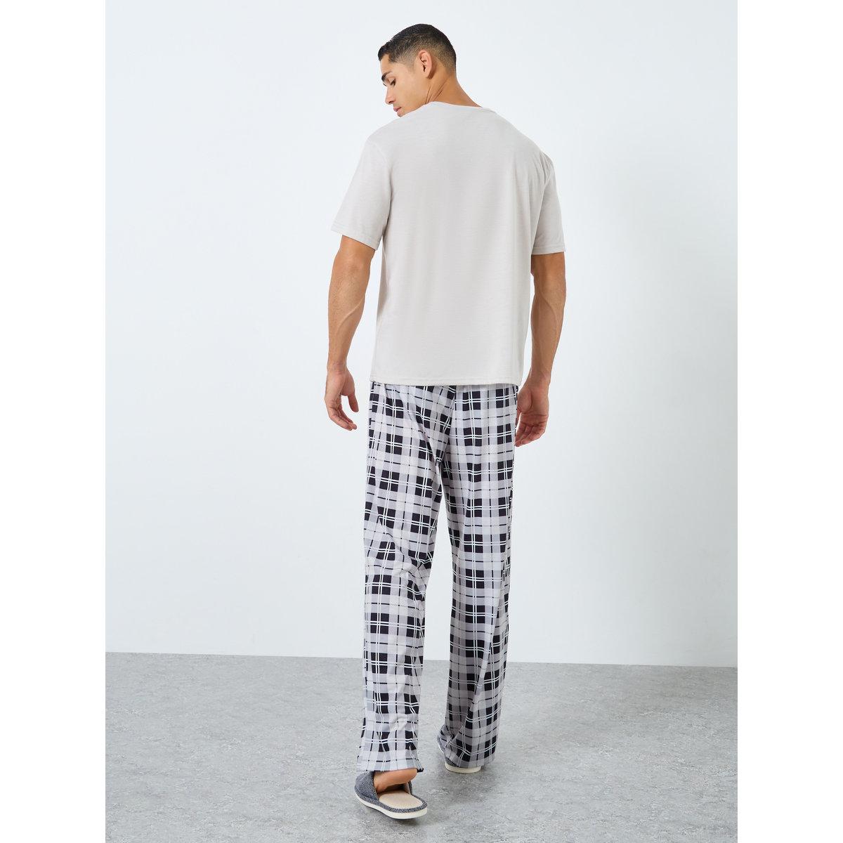 Styli Men Slogan Print T-Shirt and Checked Pyjama Set-men-clothing-nightwear-sets-image-4