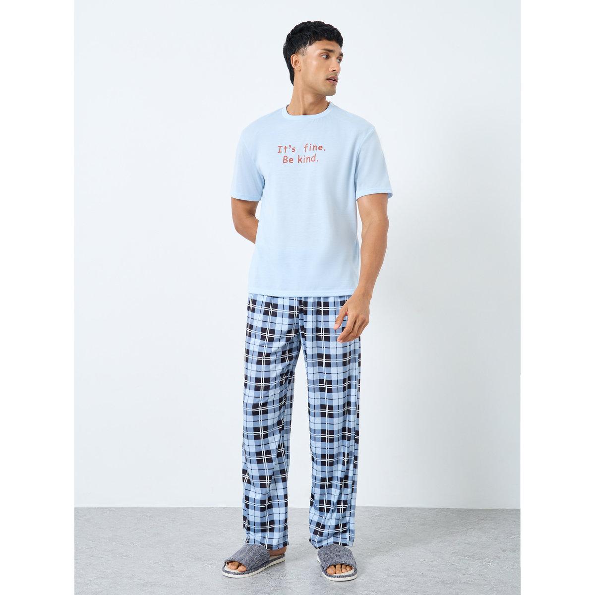 Styli Men Slogan Print T-Shirt and Checked Pyjama Set-men-clothing-nightwear-sets-image-1