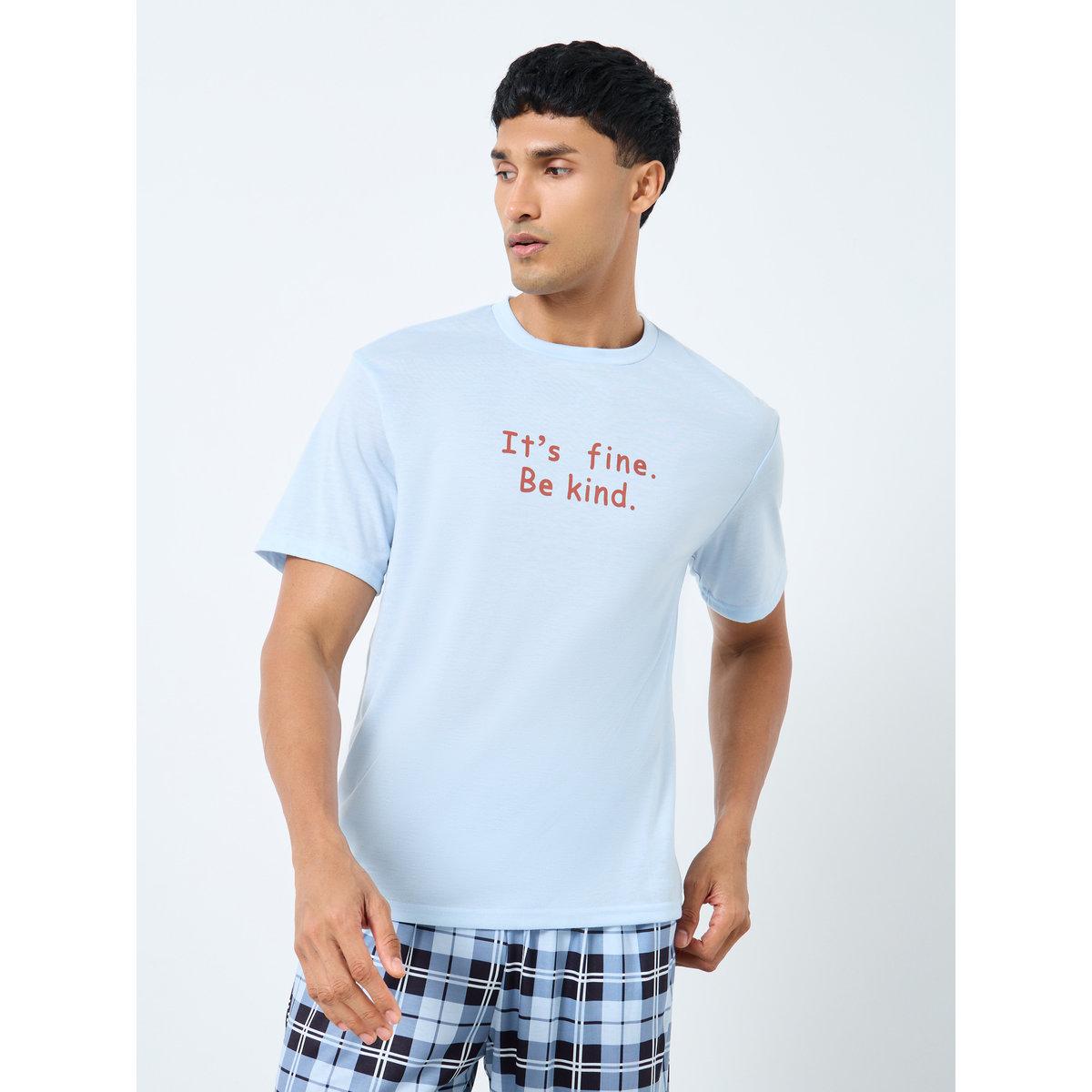 Styli Men Slogan Print T-Shirt and Checked Pyjama Set-men-clothing-nightwear-sets-image-2
