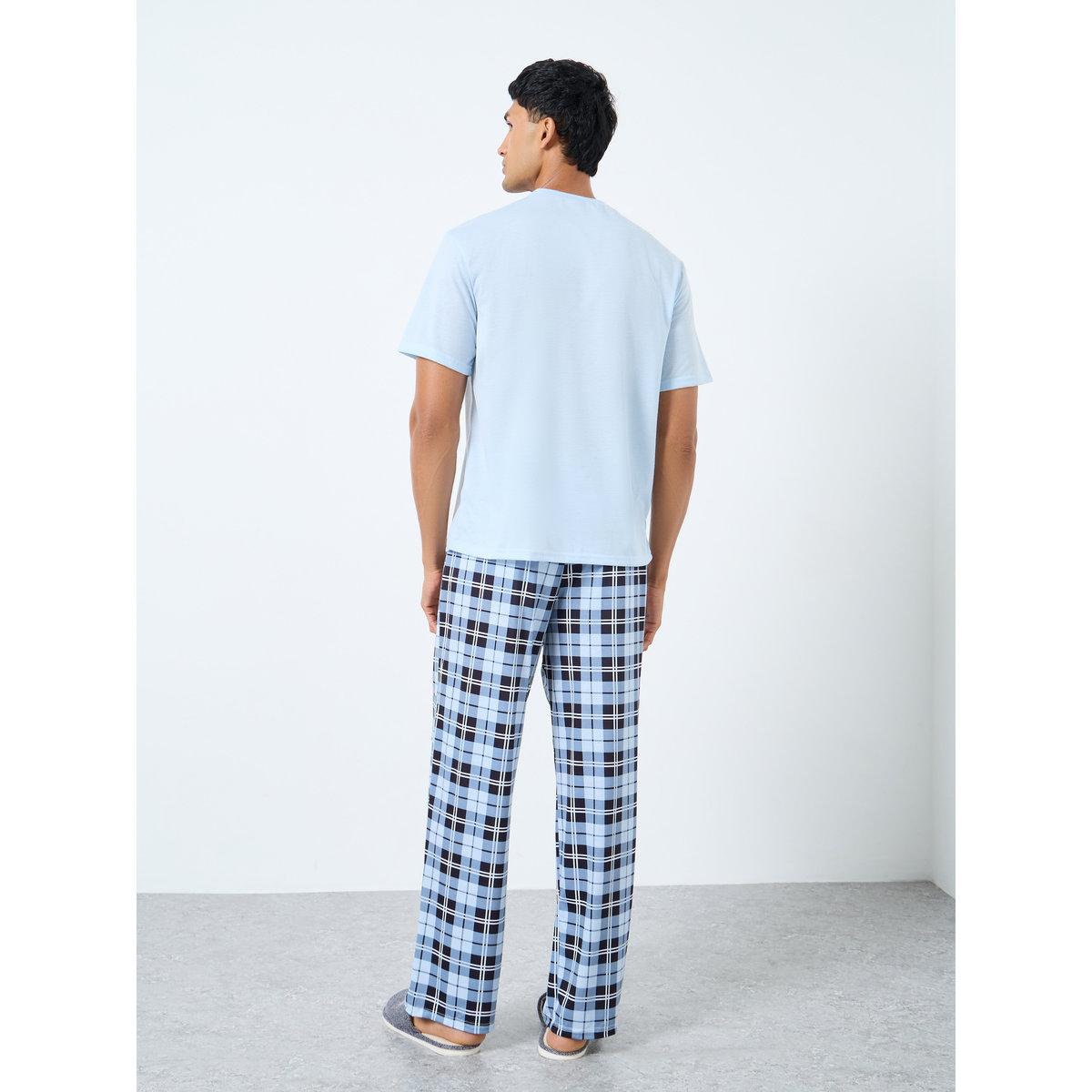 Styli Men Slogan Print T-Shirt and Checked Pyjama Set-men-clothing-nightwear-sets-image-4