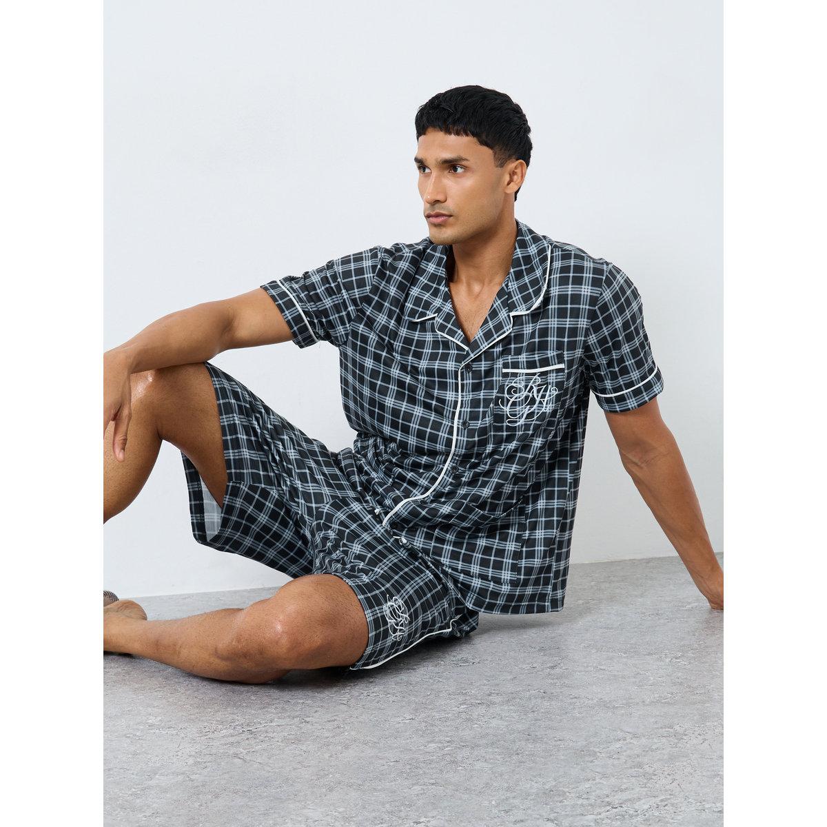 Styli Men Pocket Embroidery Shirt and Checked Shorts Set-men-clothing-nightwear-sets-image-1