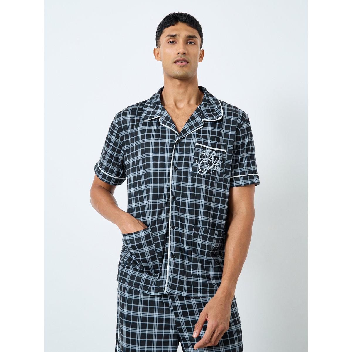 Styli Men Pocket Embroidery Shirt and Checked Shorts Set-men-clothing-nightwear-sets-image-2