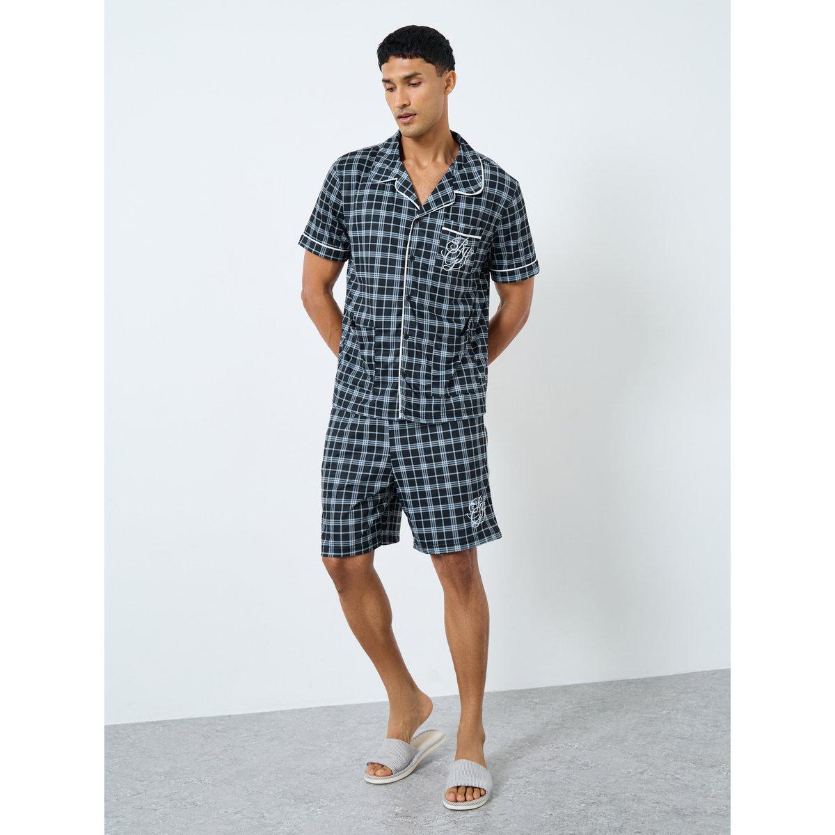 Styli Men Pocket Embroidery Shirt and Checked Shorts Set-men-clothing-nightwear-sets-image-3