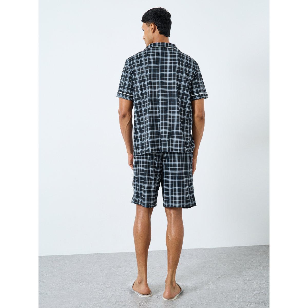 Styli Men Pocket Embroidery Shirt and Checked Shorts Set-men-clothing-nightwear-sets-image-5