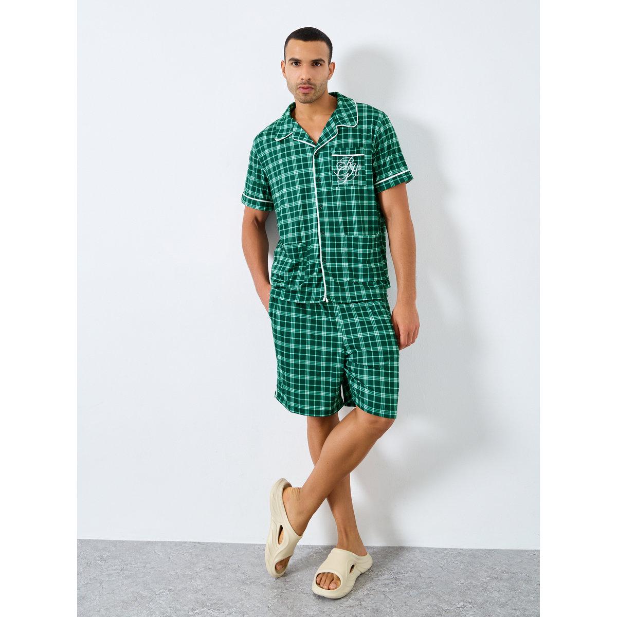 Styli Pocket Embroidered Detail Checked Shirt and Shorts Pyjama Set-men-clothing-nightwear-sets-image-1