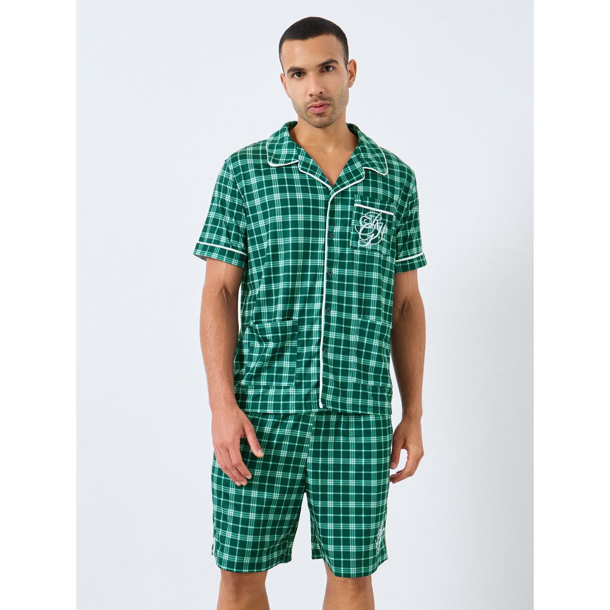 Styli Pocket Embroidered Detail Checked Shirt and Shorts Pyjama Set-men-clothing-nightwear-sets-image-2