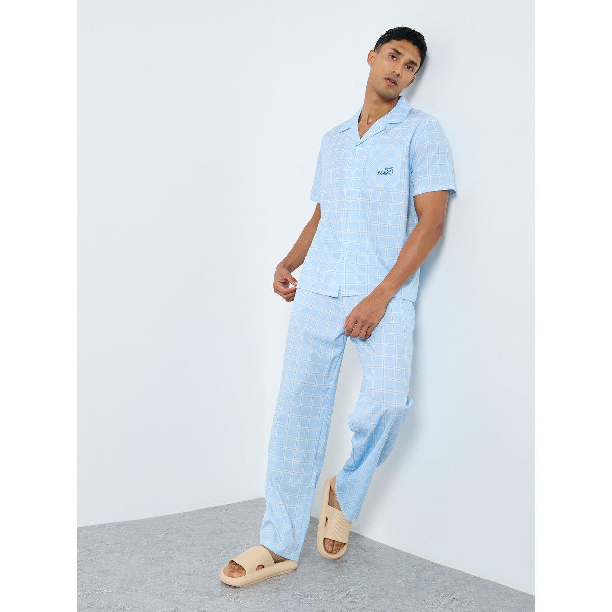 طقم من بنطال بيجاما وقميص بطبعة مربعات-men-clothing-nightwear-sets-image-1