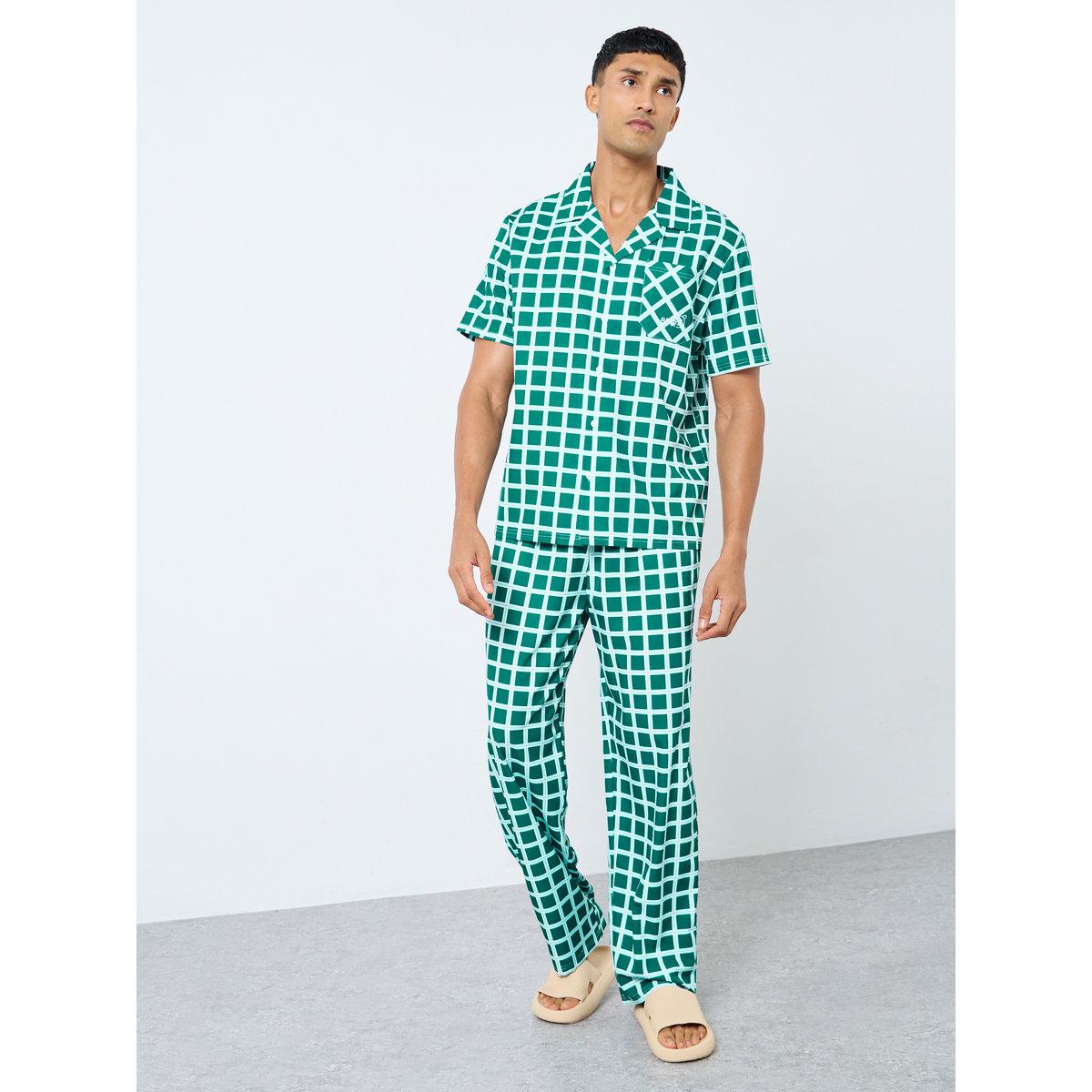 Styli Men Green Checked Shirt and Pyjama Set-men-clothing-nightwear-sets-image-1