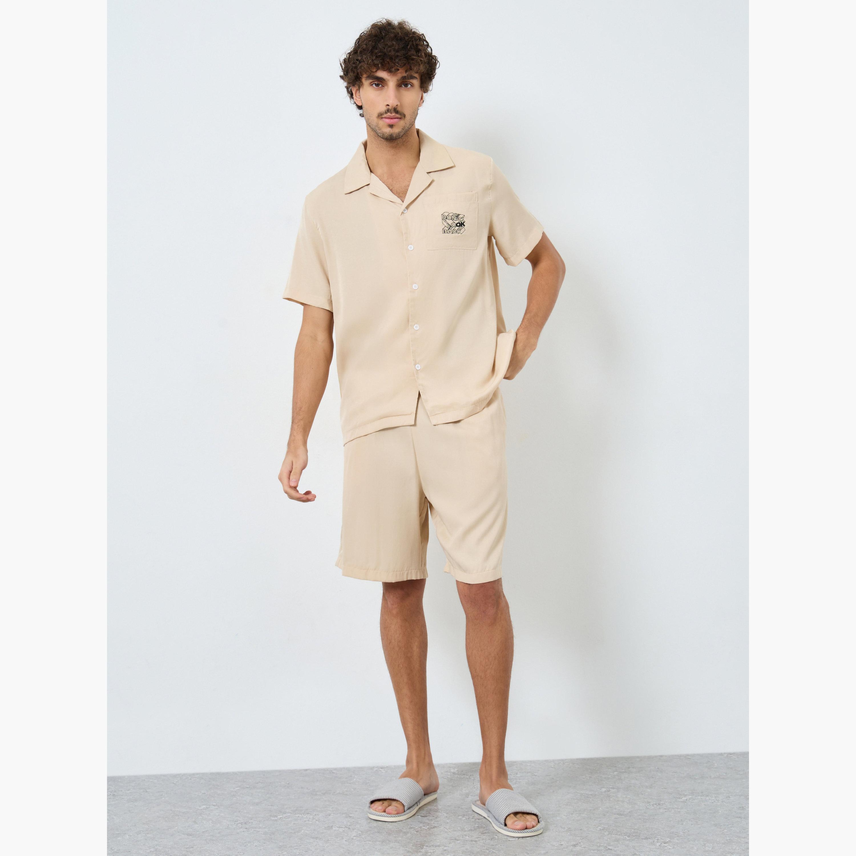 Styli Men Beige Pocket Embroidery Detail Shirt with Contrast Piping and Shorts Set-men-clothing-nightwear-pyjamaandshorts-image-1