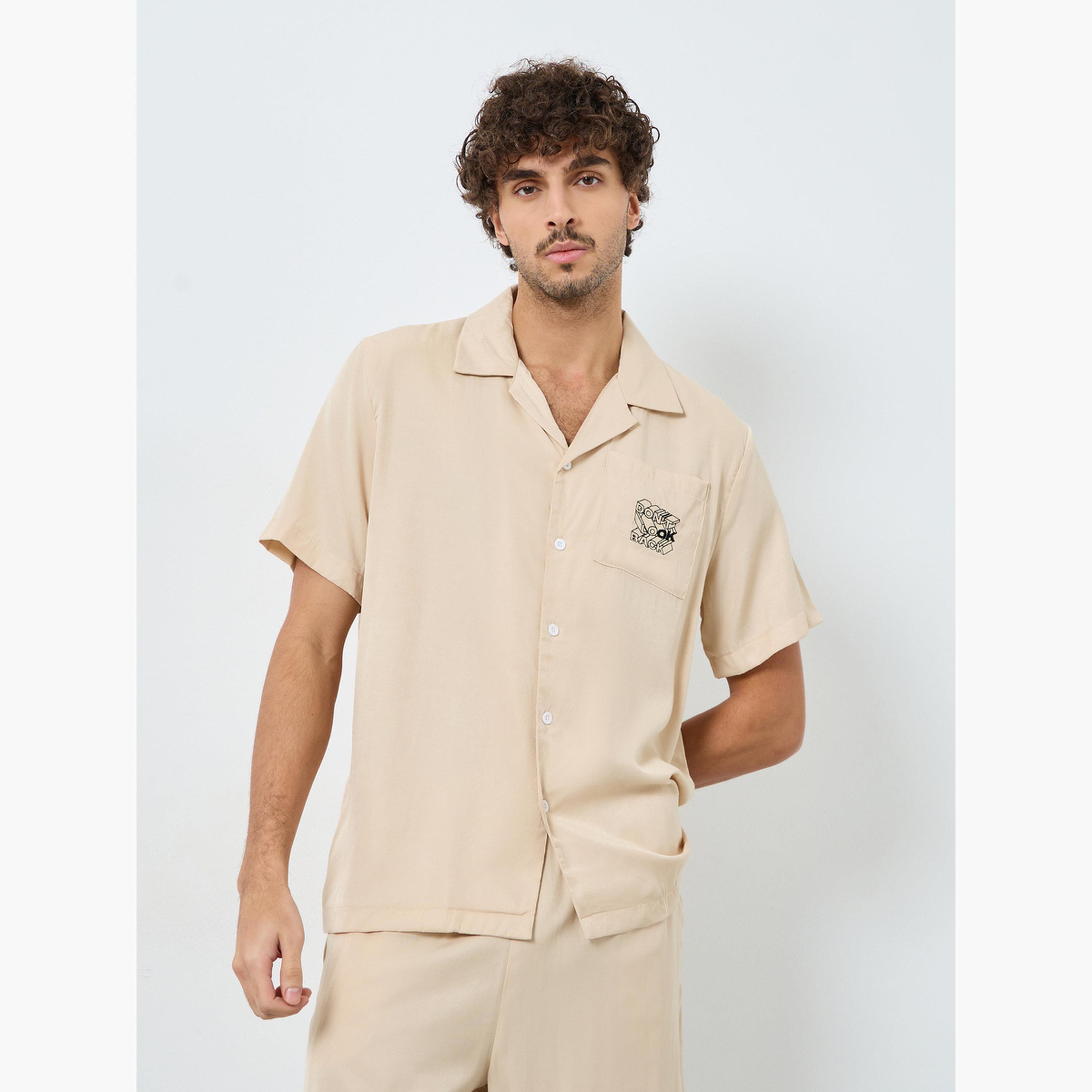 Styli Men Beige Pocket Embroidery Detail Shirt with Contrast Piping and Shorts Set-men-clothing-nightwear-pyjamaandshorts-image-2