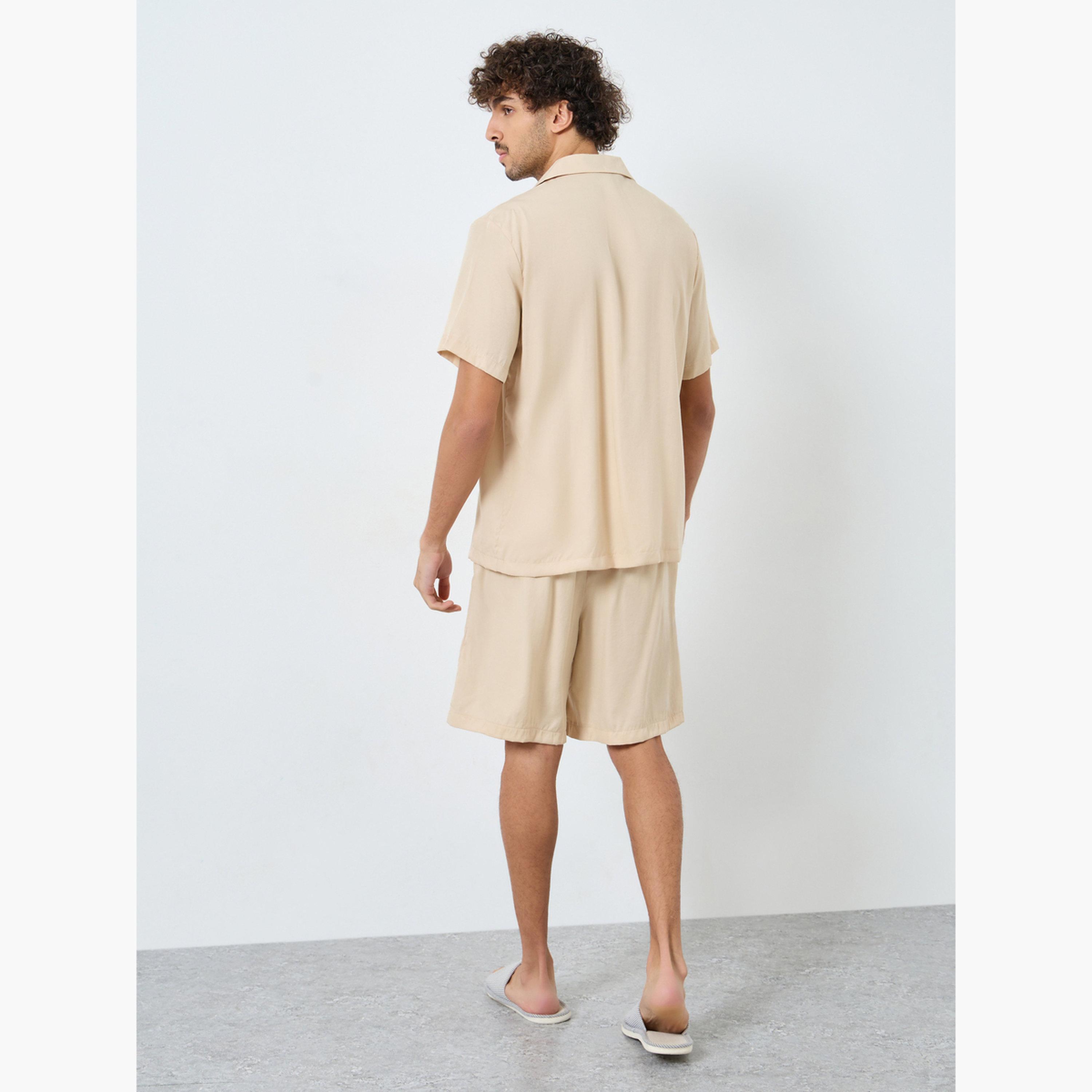 Styli Men Beige Pocket Embroidery Detail Shirt with Contrast Piping and Shorts Set-men-clothing-nightwear-pyjamaandshorts-image-3