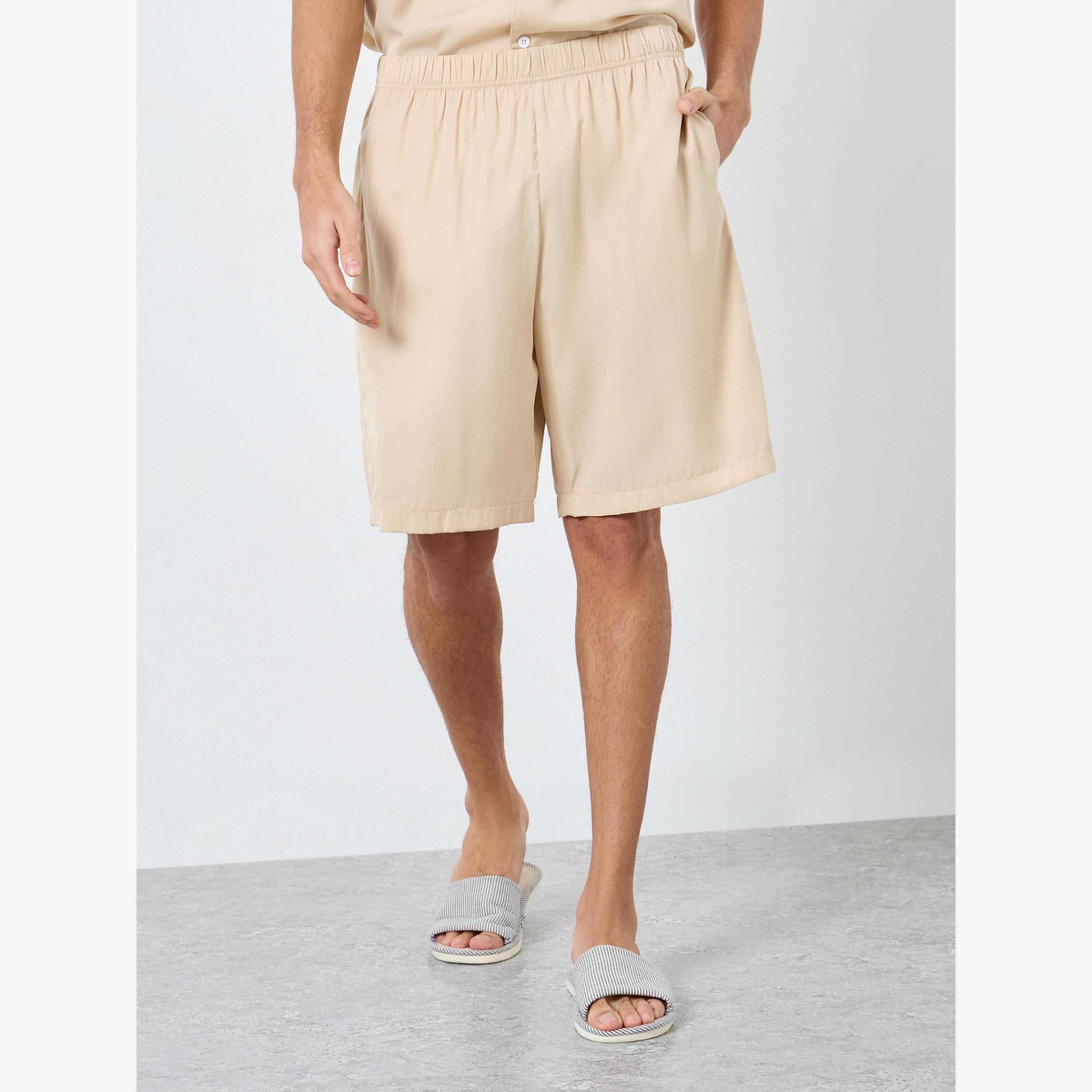 Styli Men Beige Pocket Embroidery Detail Shirt with Contrast Piping and Shorts Set-men-clothing-nightwear-pyjamaandshorts-image-4