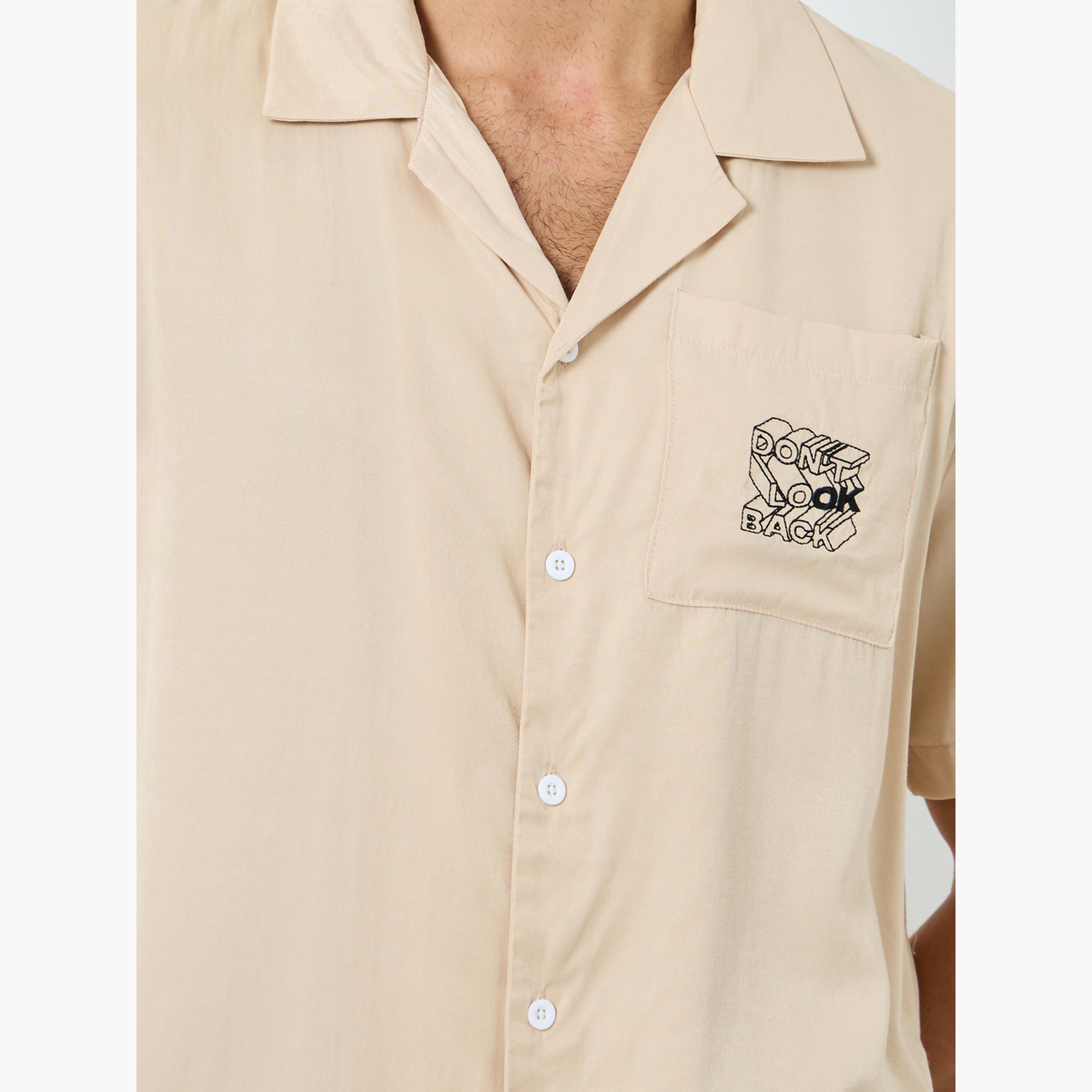 Styli Men Beige Pocket Embroidery Detail Shirt with Contrast Piping and Shorts Set-men-clothing-nightwear-pyjamaandshorts-image-5