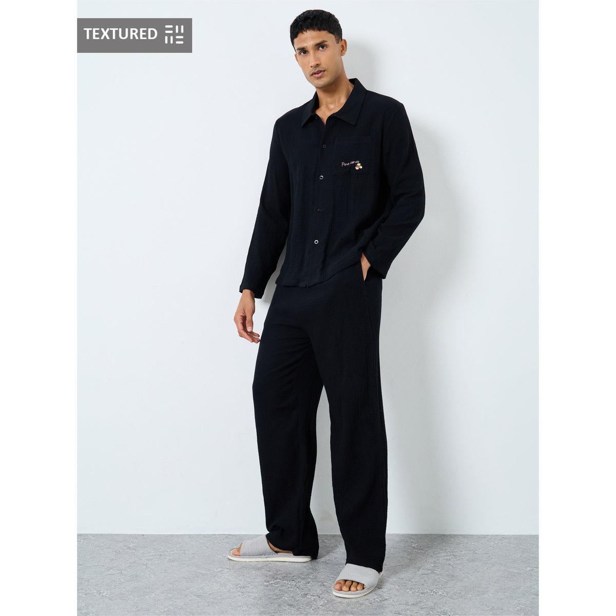 Styli Men Printed Pocket Textured Shirt and Pyjama Set-men-clothing-nightwear-sets-image-1