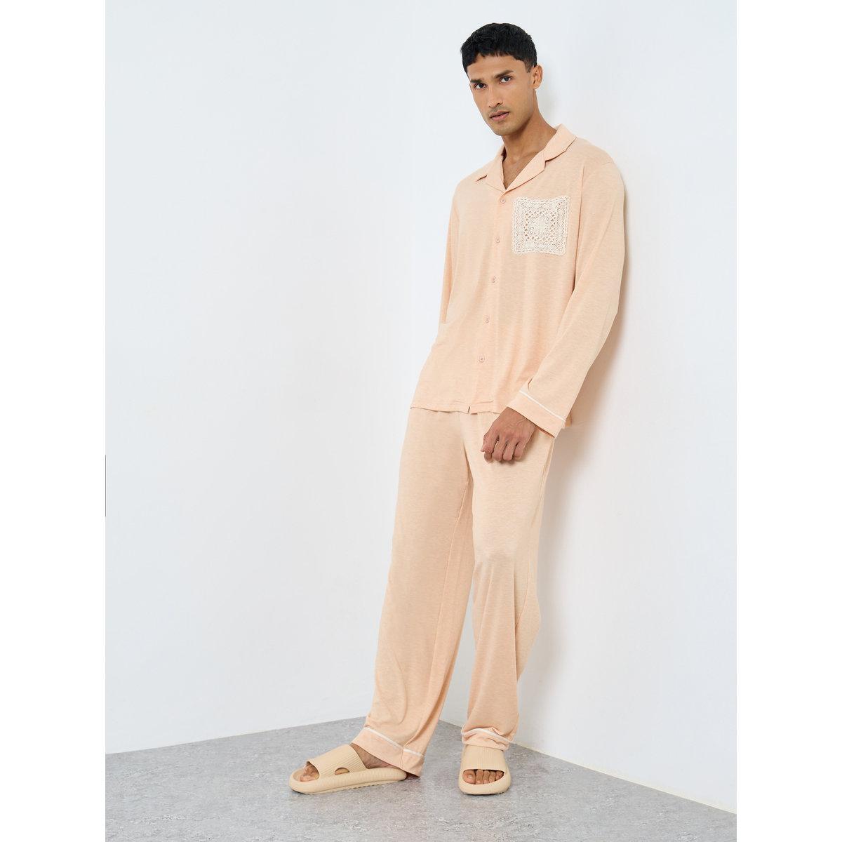 Styli Men Lace Pocket Piping Detail Shirt and Pyjama Set-men-clothing-nightwear-sets-image-1