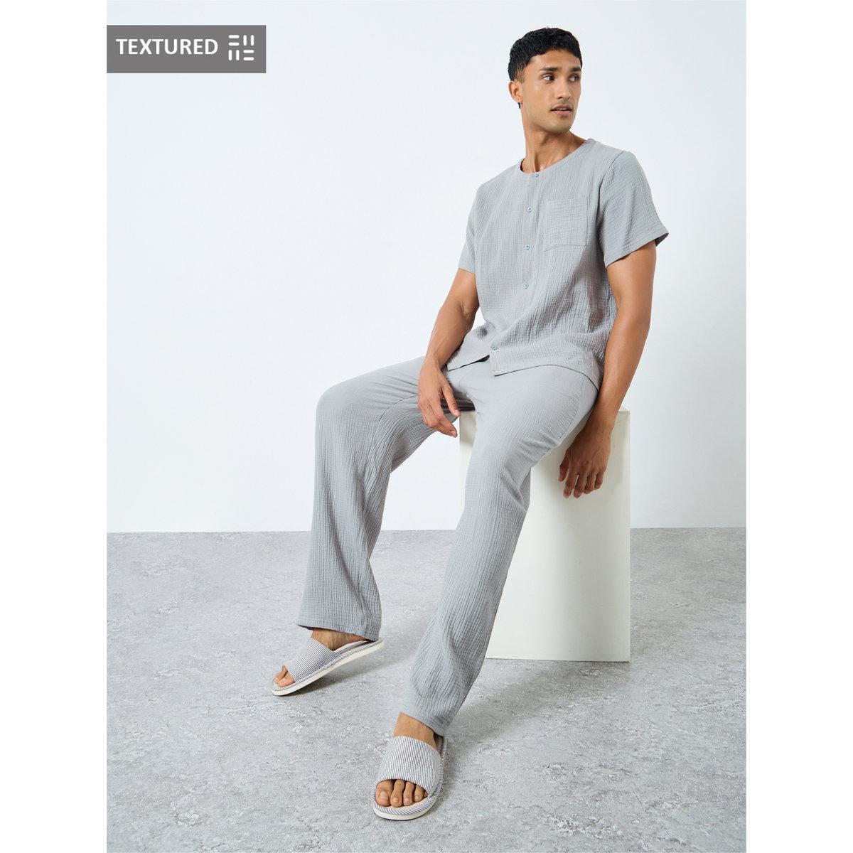 Styli Men Grey Cotton Textured Shirt and Pyjama Set-men-clothing-nightwear-sets-image-1