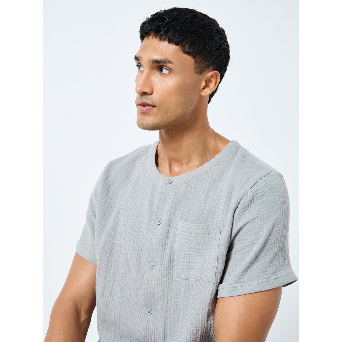 Styli Men Grey Cotton Textured Shirt and Pyjama Set-men-clothing-nightwear-sets-image-3