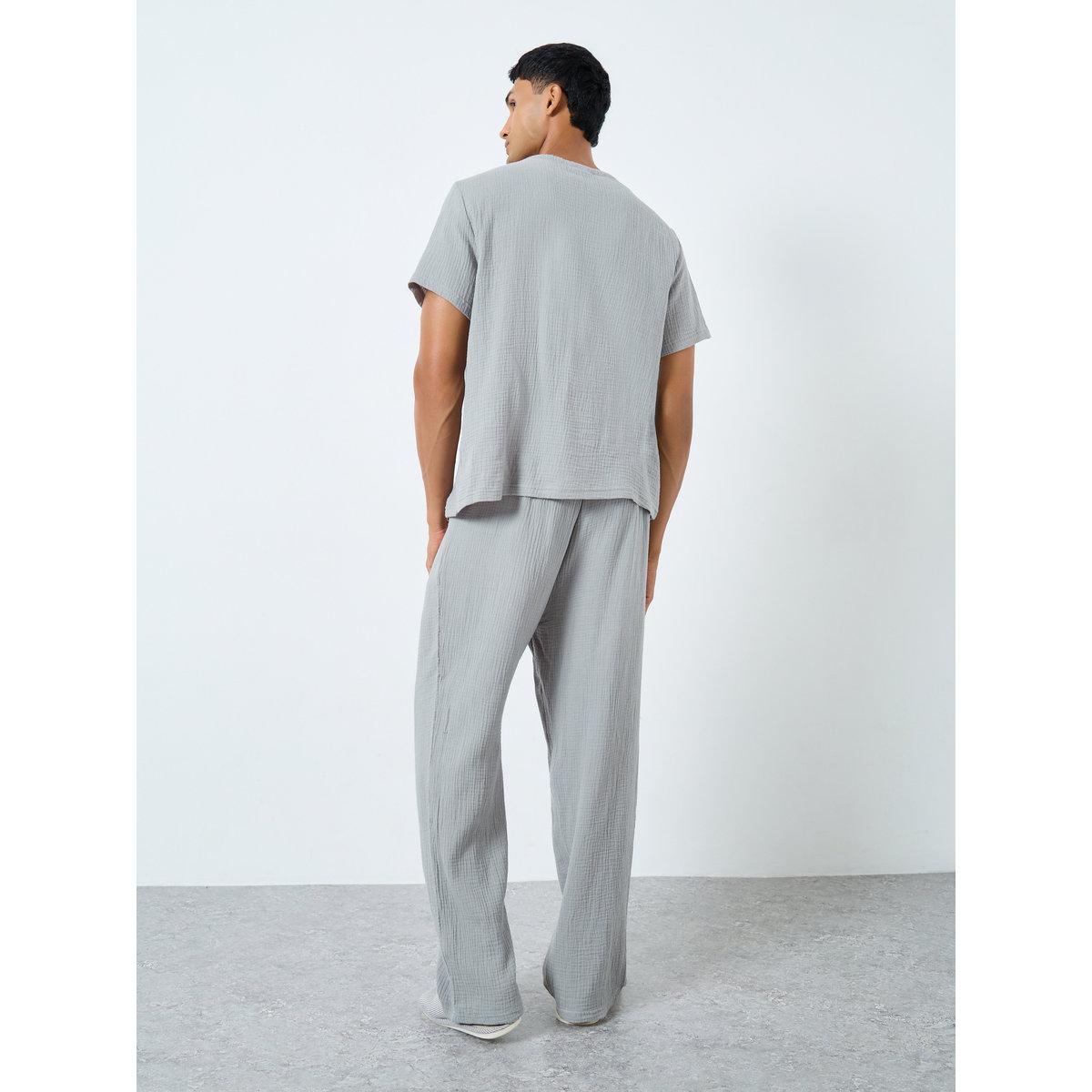 Styli Men Grey Cotton Textured Shirt and Pyjama Set-men-clothing-nightwear-sets-image-4